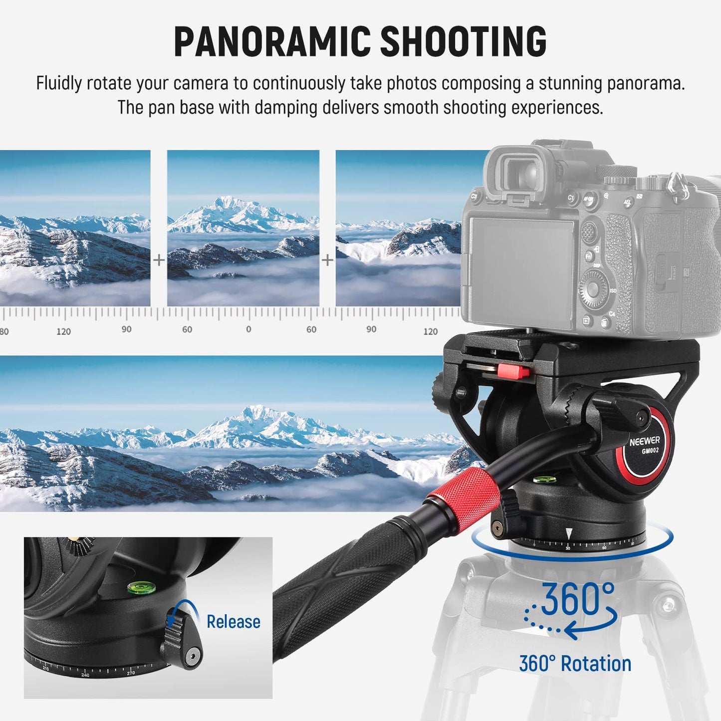NEEWER Video Tripod Fluid Head with Quick Release Plate, Telescopic Handle & Scaled Base (75mm Dia.) Heavy Duty, Max Load 17.6lb/8kg for Video Cameras