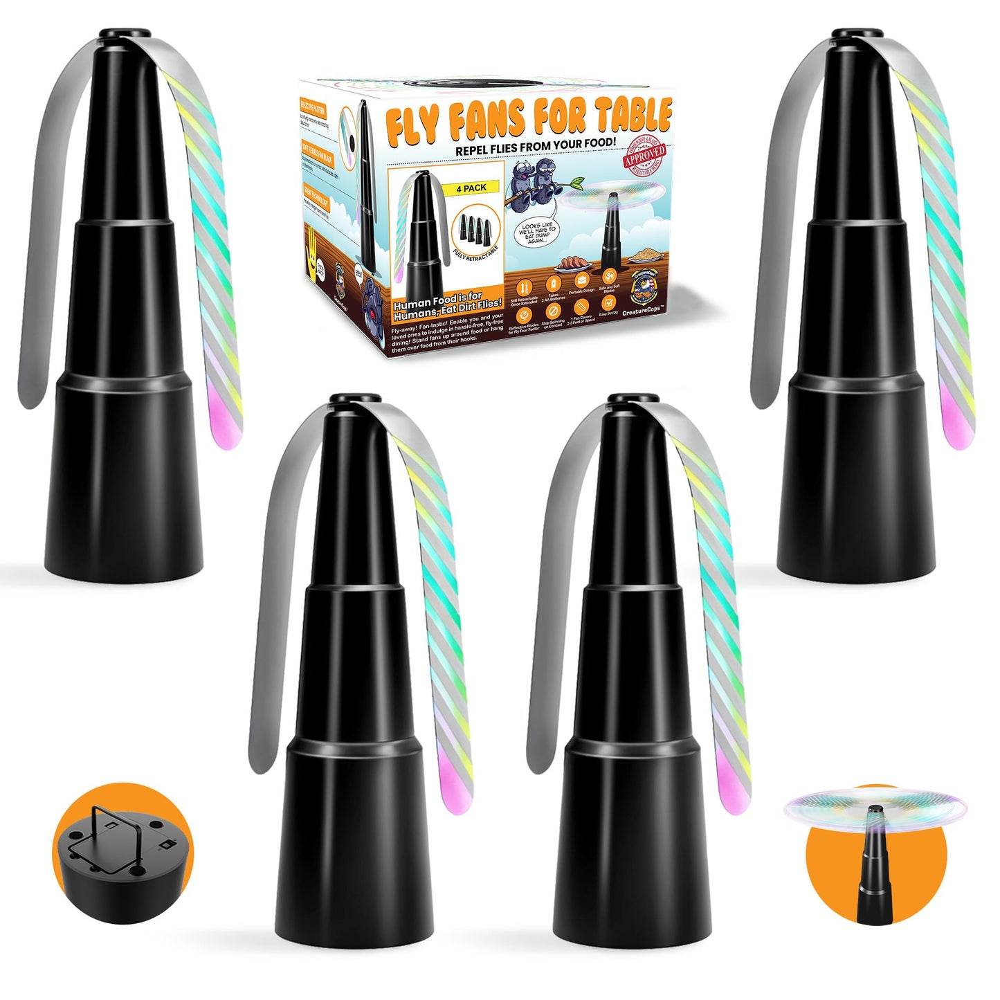 CreatureCops™ Fly Fans for Tables | Retractable, Silent for Outdoor Tables with Reflective Blades | Tabletop Fly Fan to Help Keep Fly Away from Food |