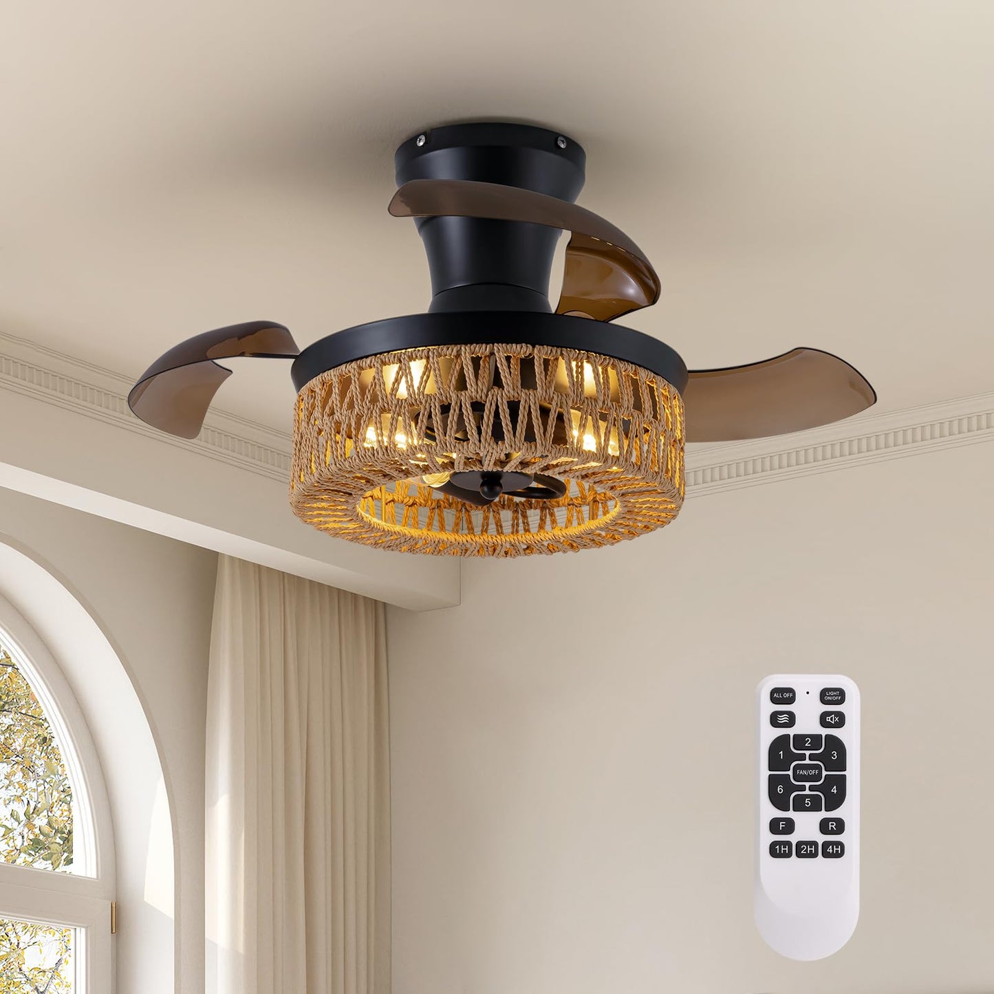 SPACORA 28'' Retractable Ceiling Fan with Lights and Remote, Flush Mount Small Caged Ceiling Fan Farmhouse Boho Fandelier Invisible Blades 6 Wind