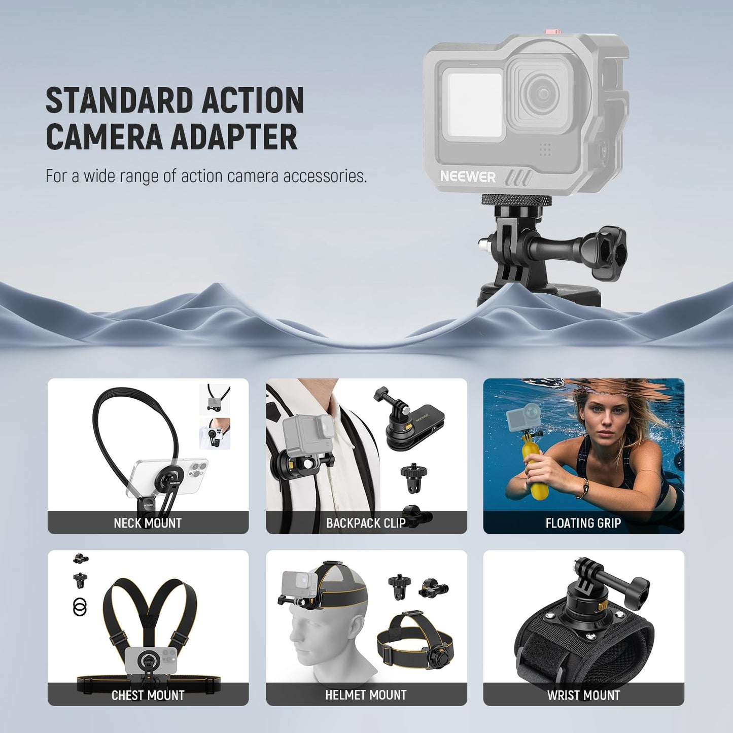 NEEWER Action Camera Tripod Mount Adapter with 1/4"-20 Screw Aluminum Alloy Accessories Compatible with Insta360 X5 X4 X3 GoPro Hero 13 12 DJI Osmo