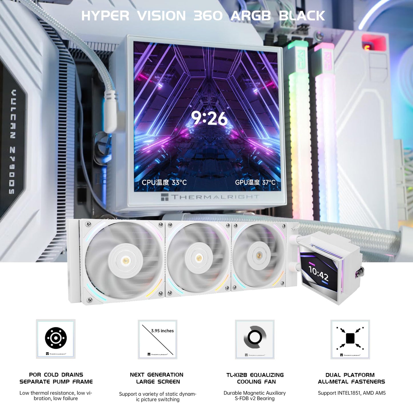 Thermalright Hyper Vision 360 ARGB AIO CPU Liquid Cooler - Magnetic Fixed 3.95" LCD Display Screen, 2150RPM PWM Fans, for AMD AM4/AM5 & Intel