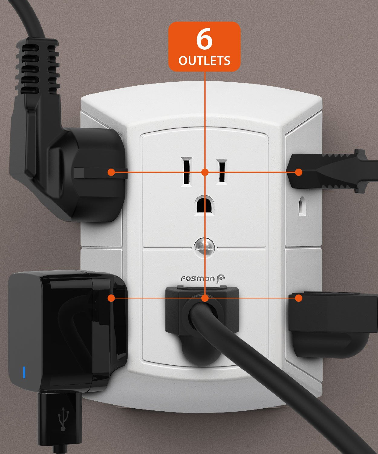 Fosmon 6-Outlet Wall Plug, Six Plug Outlet Adapter, Multiple 6 Way Wall Plug Extender for Travel, Cruise, Dorm, Home and Office, 15A 125V 1875W, 3