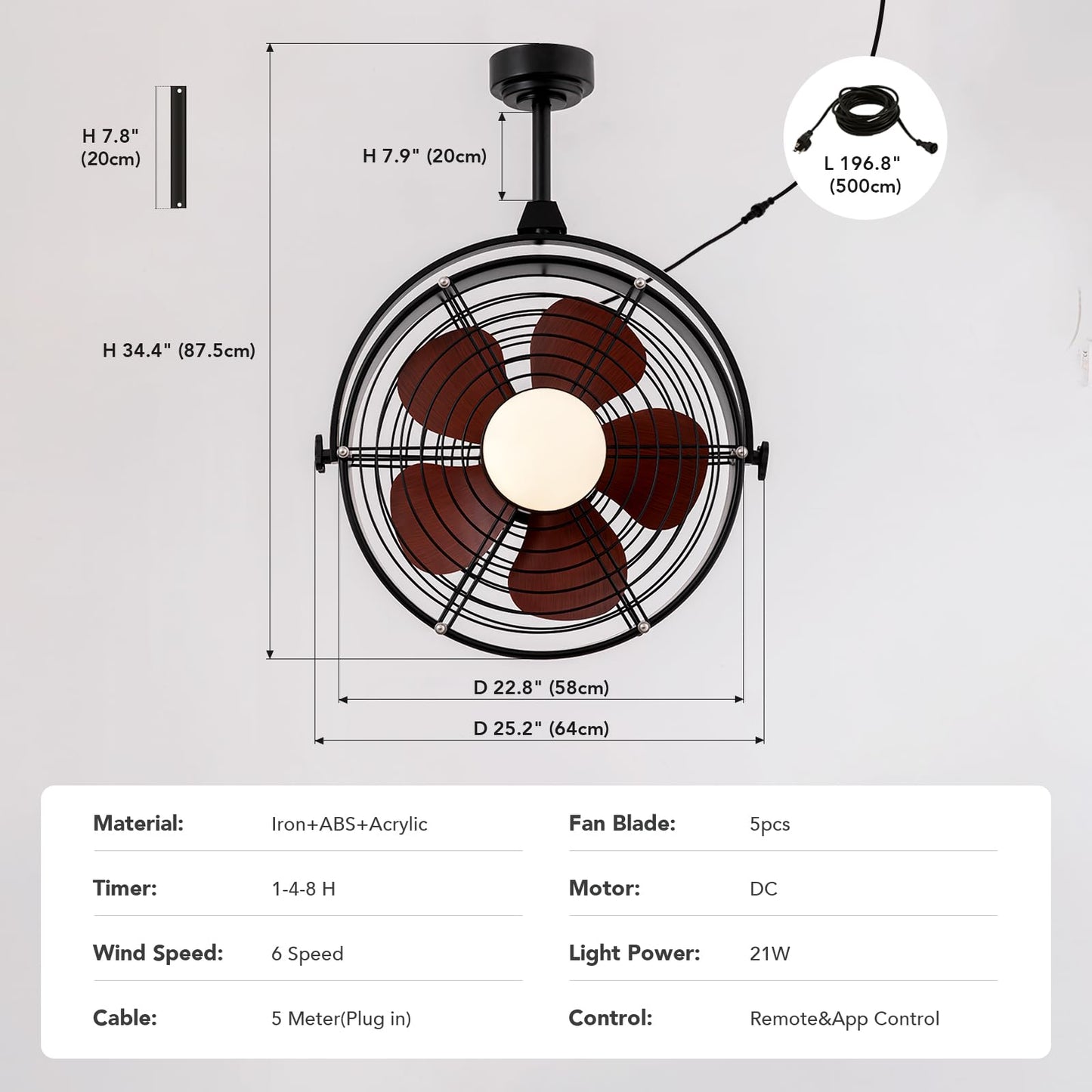 SPACORA 25 Inch Outdoor Ceiling Fan with Lights and Remote, Waterproof Gazebo Hanging Fan with 3CCT Dimmable, Black Plug in Caged Ceiling Fan