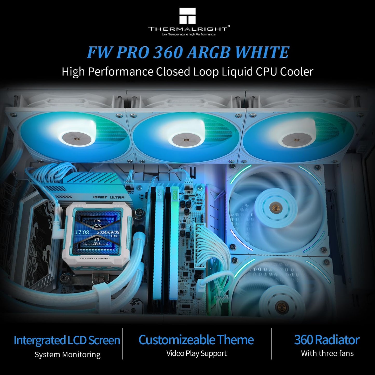 Thermalright FW PRO 360 ARGB White CPU Water Cooler with PWM Fan, 2000RPM Speeds,IPS LCD Screen with 320 * 320 Resolution,Liquid CPU Cooler,for