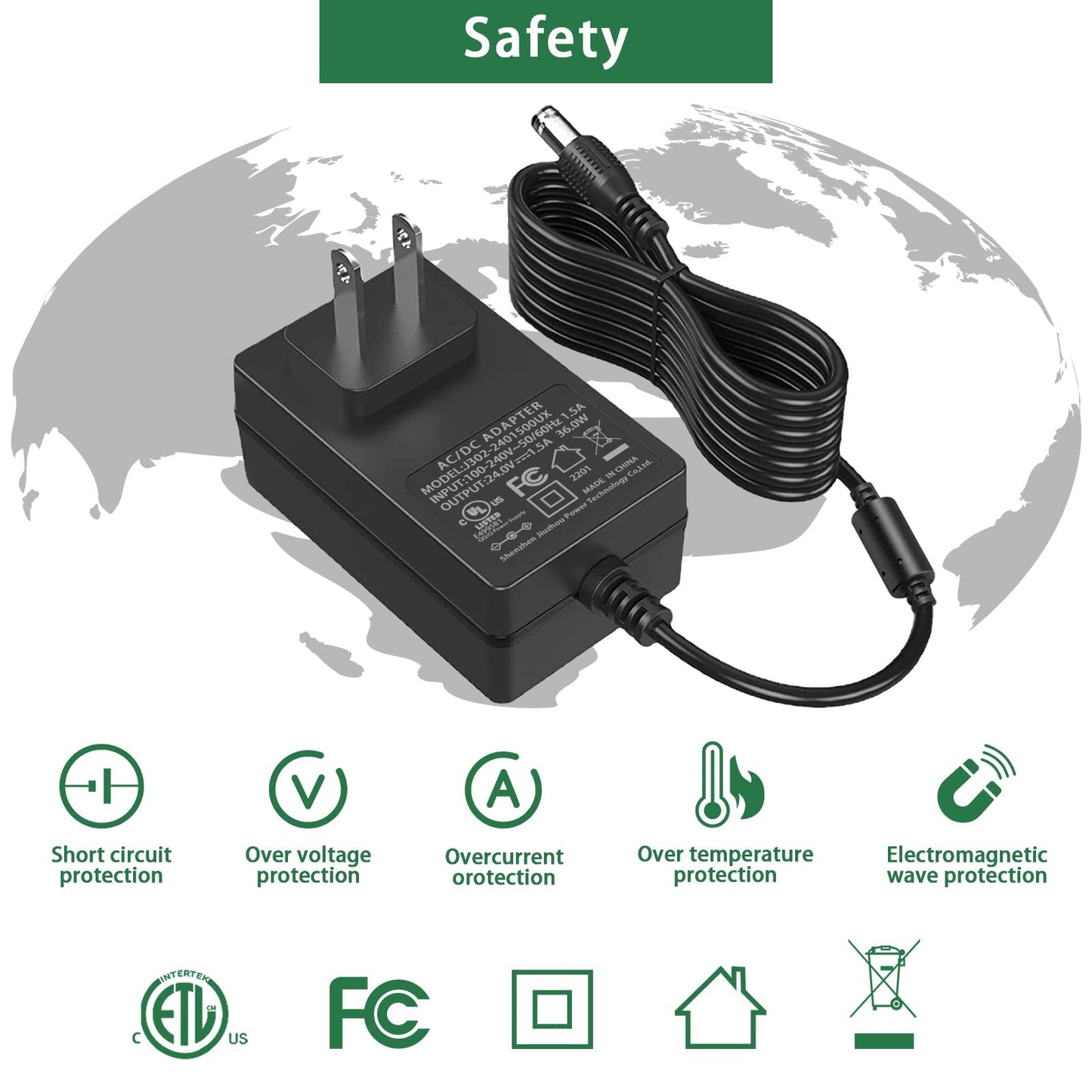 24V 1.5A Power Adapter 100V-240V to 24V 1.5A AC/DC Switching Power Supply Adapter 24v Power Supply with 5 Selectable Adapter Plugs