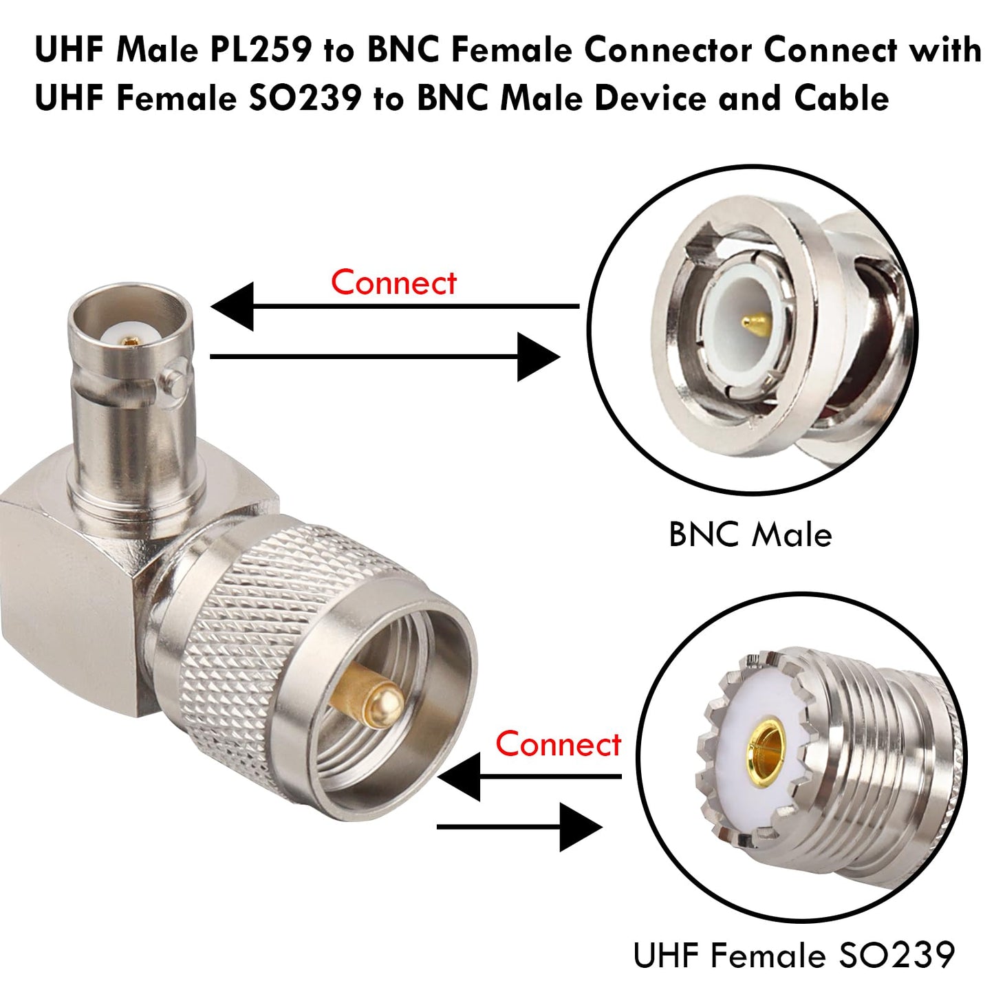 XRDS -RF BNC Female to UHF Male Connectors 2PCS, Right Angle 90 Degree PL259 UHF Male Plug to BNC Female Connector