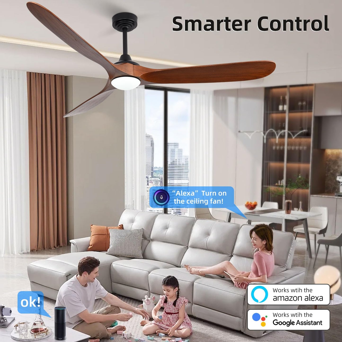 Homlit Ceiling Fan with Lights, 72'' Solid Wood Indoor/Outdoor Ceiling Fan with Quiet Reversible DC Motor, Compatible with Alexa/Google/App, 3CCT