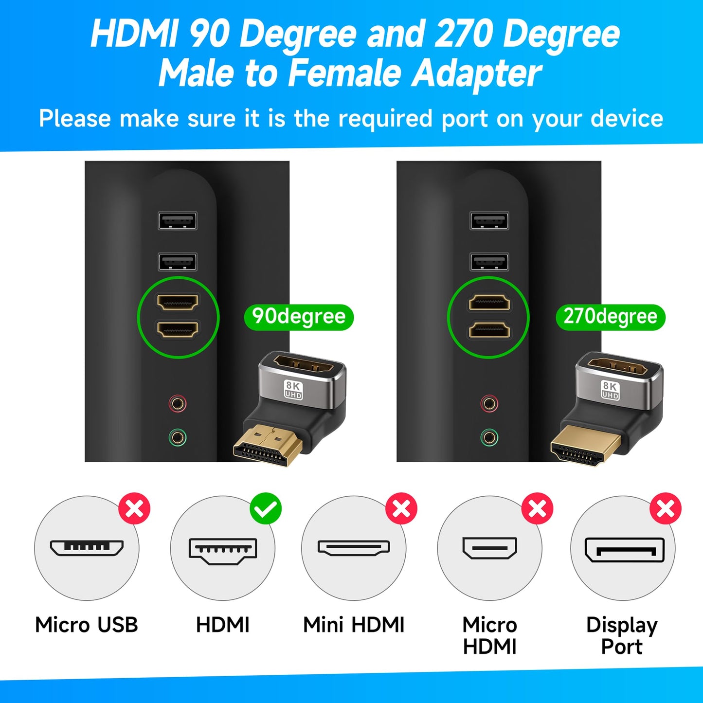 8K 90 Degree HDMI 2.1 Adapter 2 Pack, (Up and Down) Right Angle HDMI Male to Female HDMI L-Shaped Connector Extender Support 8K@60Hz,4K@120Hz