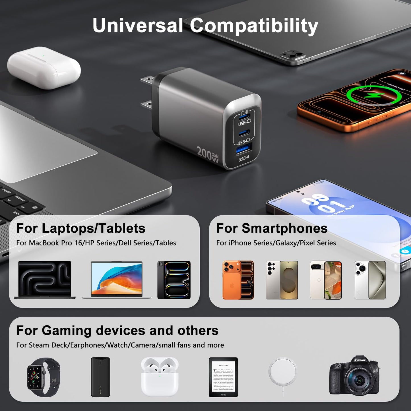 200W USB C Charge Block,3 Port PD 100W GaN Charger,Multi Port Fast Charging Station Hub for Multiple Devices,Compatible