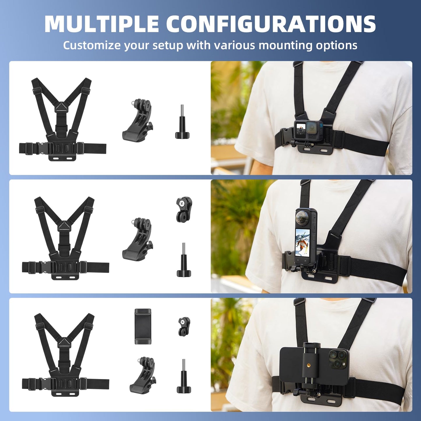 Flymile Chest Harness Mount Kit for GoPro, Head Strap Body Mount & Suction Cup Holder for iPhone, for Insta360 X5/X4, for DJI Osmo Action 5/Pocket