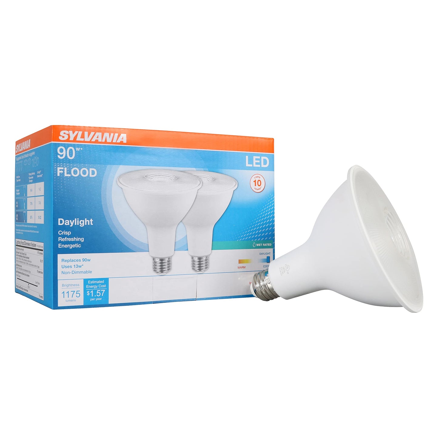 Sylvania LED Flood PAR38 Light Bulb, 90W Equivalent, Efficient 13W, 10 Year, 1175 Lumens, Medium Base, Non-Dimmable, 5000K, Daylight - 2 Pack (79736)