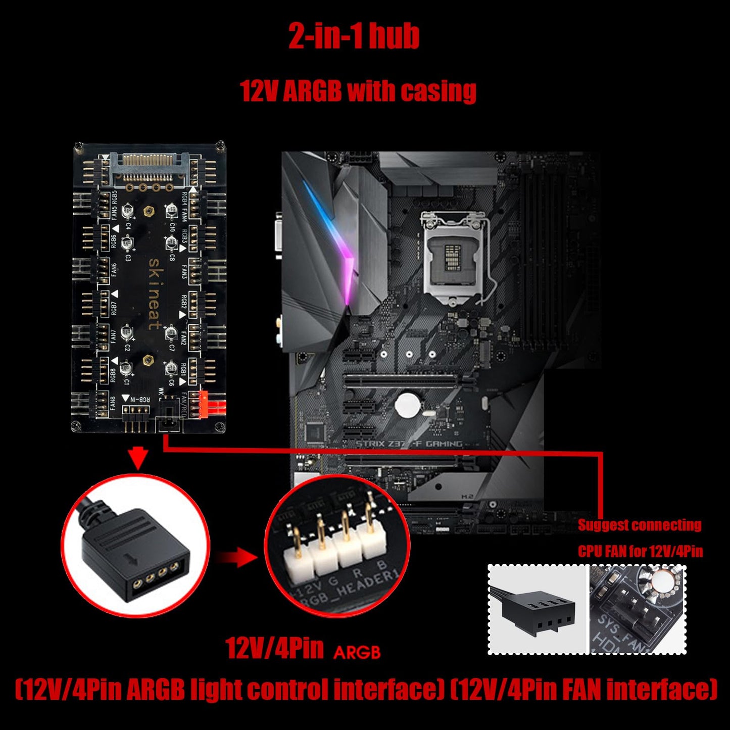 ARGB and PWM hub12V 4Pin PWM & 5V 3Pin ARGB with SATA Power 2-in-1 Hub 8 Way Sync CPU Cooling Chassis Fan Hub Addressable RGB Lighting for Extended