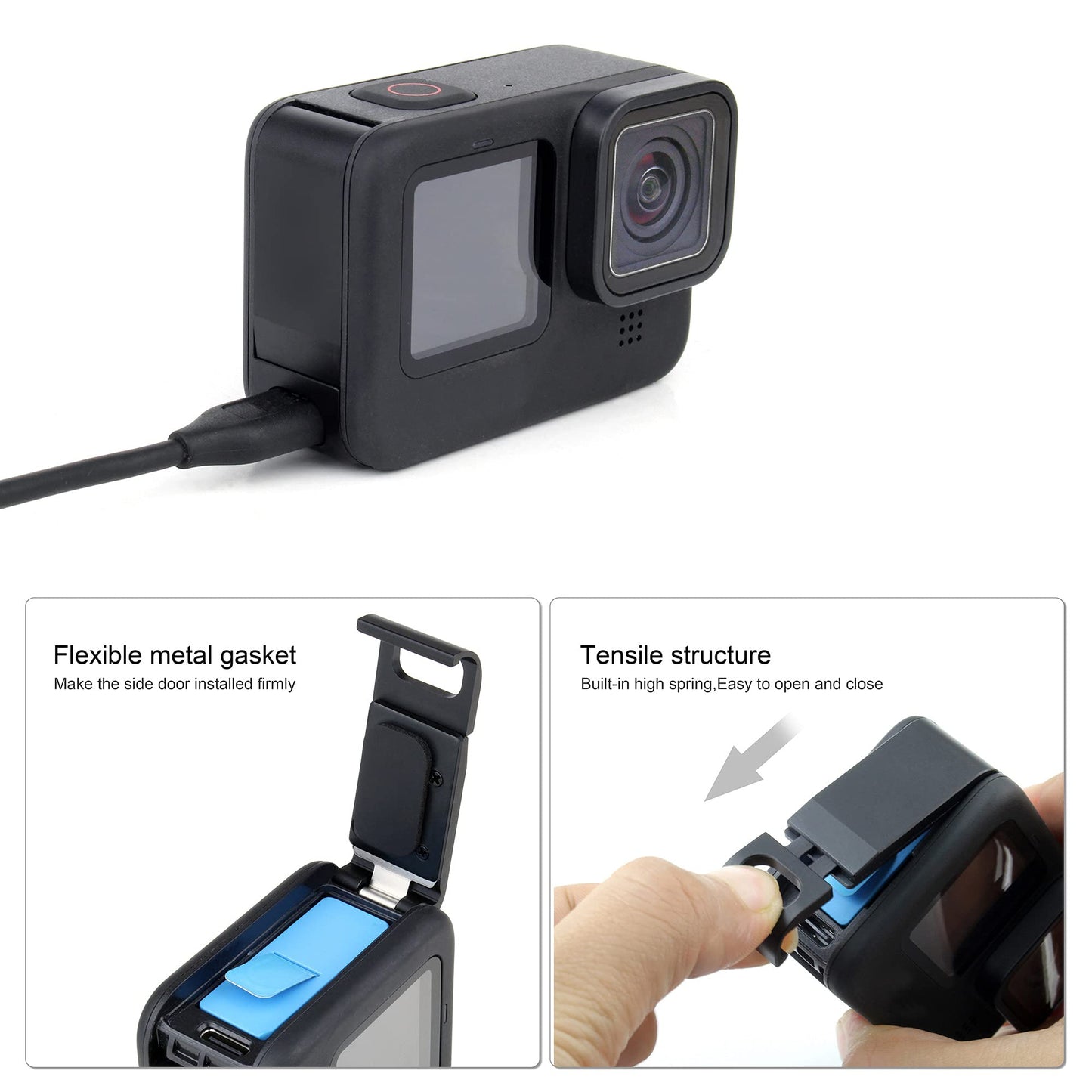 GEPULY Skeleton Housing Case Side Open Protective with Aluminum USB Pass Through Side Door Cover for GoPro Hero 9 10 11 12 13 Black - Charging Camera