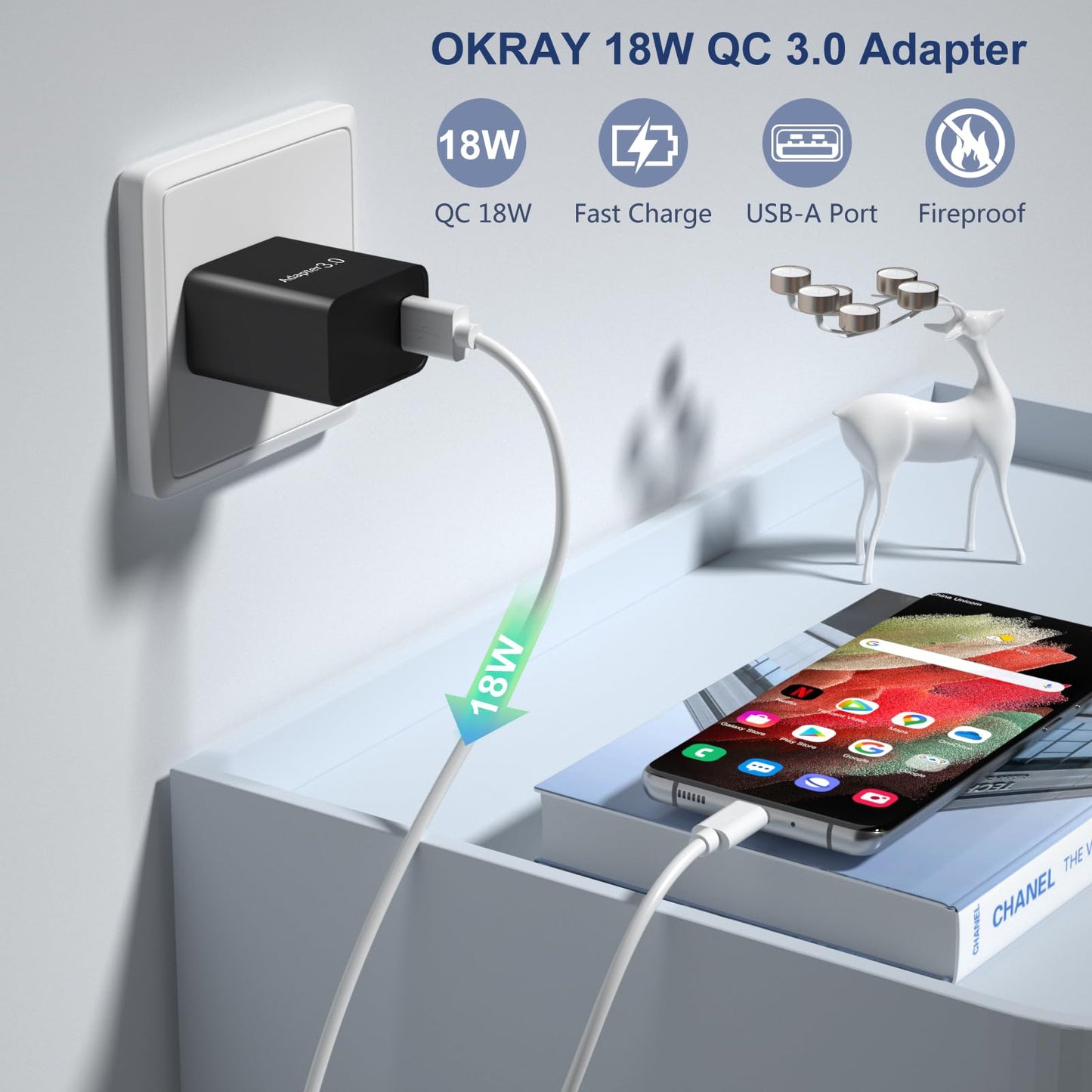USB Charger Block 5pack, OKRAY 18W Fast Charging 3.0 Quick Charge USB Wall Plug Type A Box Travel Power Adapter for Wireless Charger, Samsung Galaxy