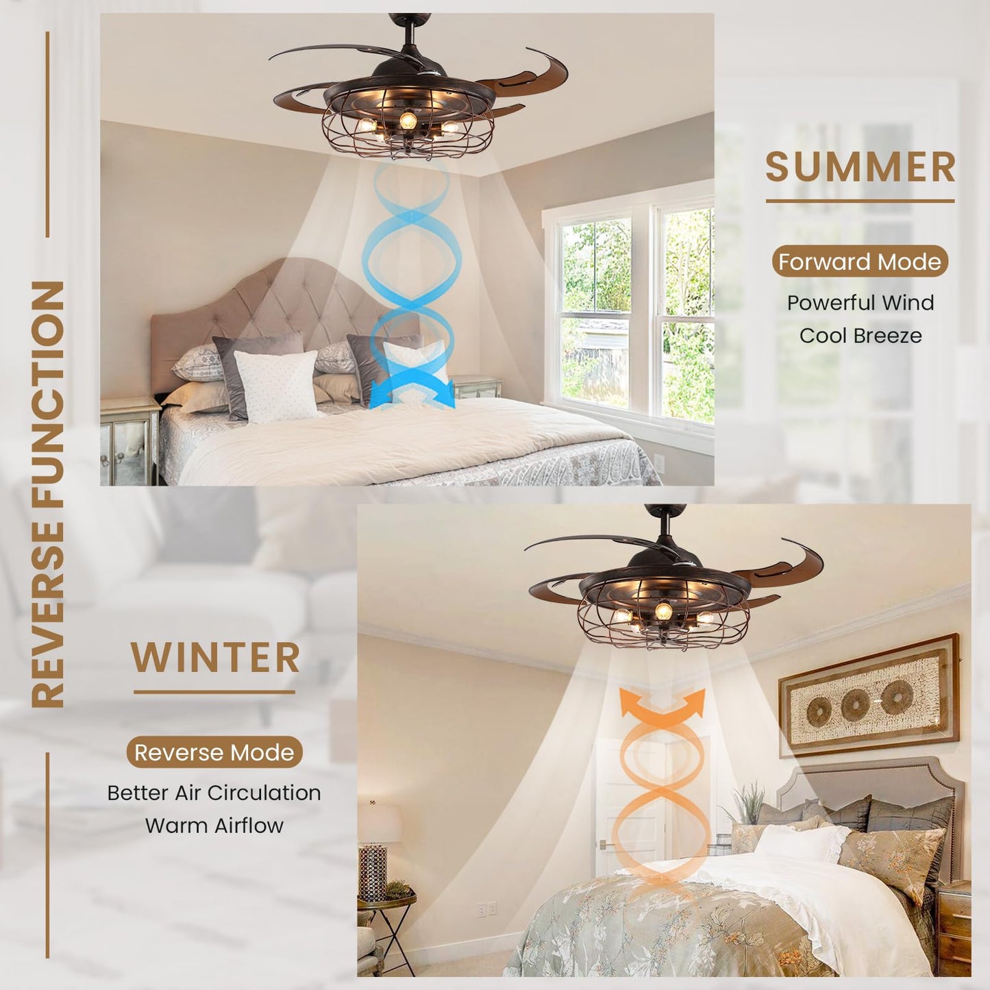 Siljoy Retractable Ceiling Fan with Light Industrial Rust Caged Ceiling Fan with Lights and Remote Farmhouse 6 Speeds Reversible Fandelier for Living