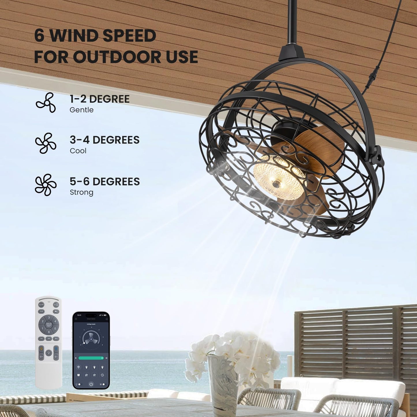 CROSSIO 23'' Outdoor Ceiling Fans with Lights, Gazebo Fan Wet Rated Remote&APP Control, Dimmable Hanging Fan with Plug in Cord for Patio Pergola