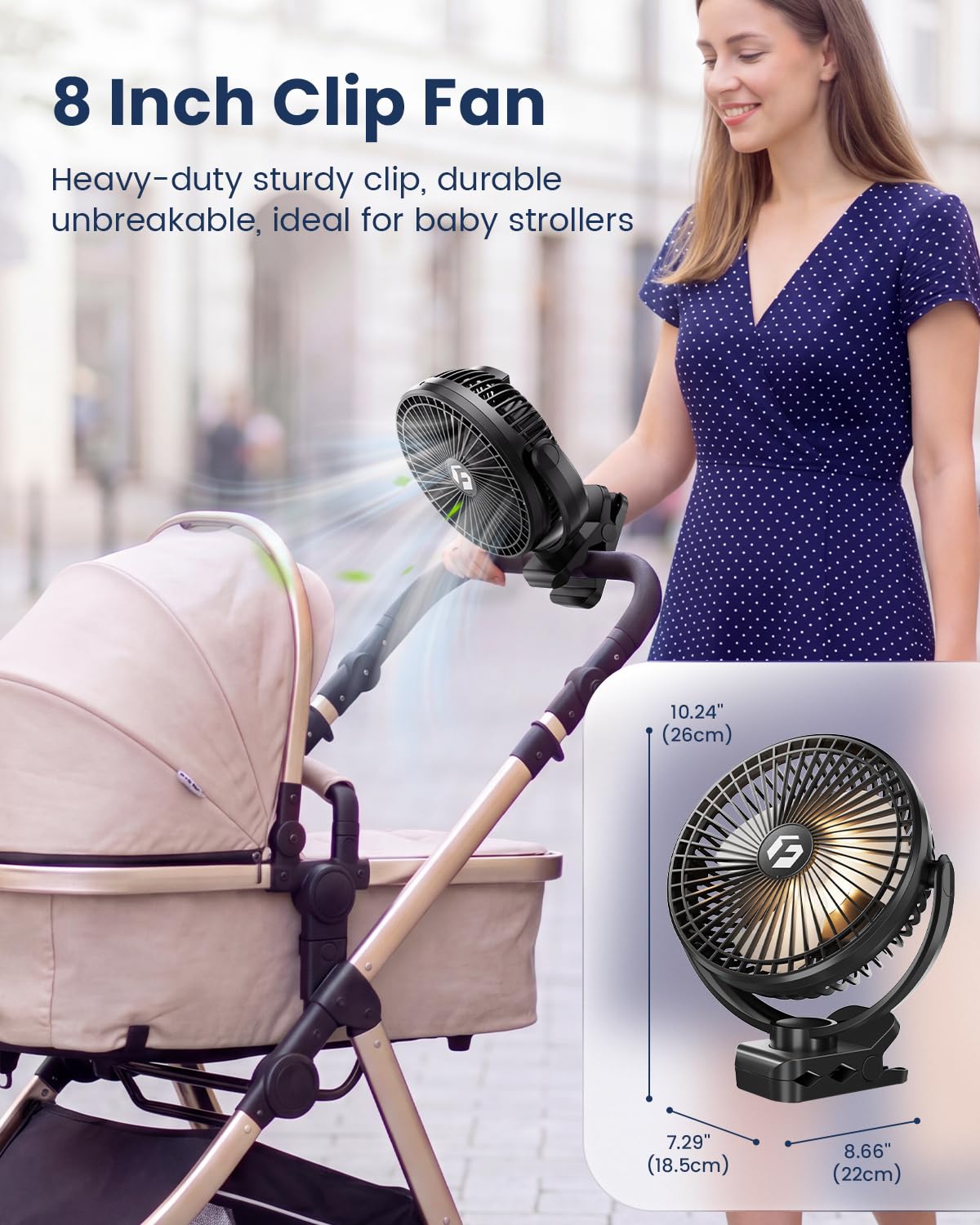 FRIZCOL 20000mAh 8 Inch Portable Clip On Fan,Battery Operated Golf Cart Fan with Lights, USB Fans Small Desk Fans Personal Quiet Fans for Office
