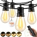 Outdoor String Lights LED Patio-Light - 100Ft Outside Waterproof Dimmable Porch Lights with Remote Shatterproof S14 Bulbs Outside Hanging Light