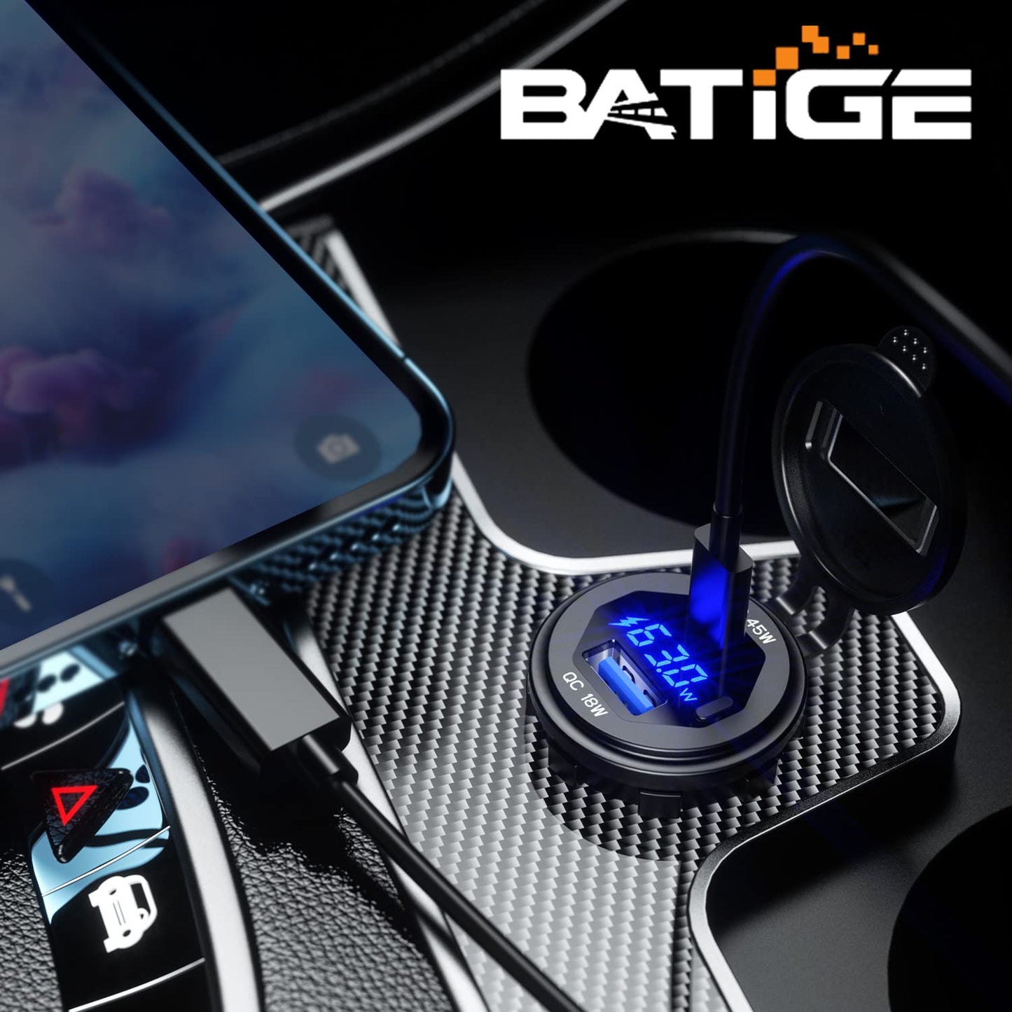 BATIGE PD 45W USB C Quick Charger 18W USB 3.0 Charger Socket Waterproof with Switch LED Voltmeter and Wire Fuse DIY Kit for 12V/24V Car Boat Marine