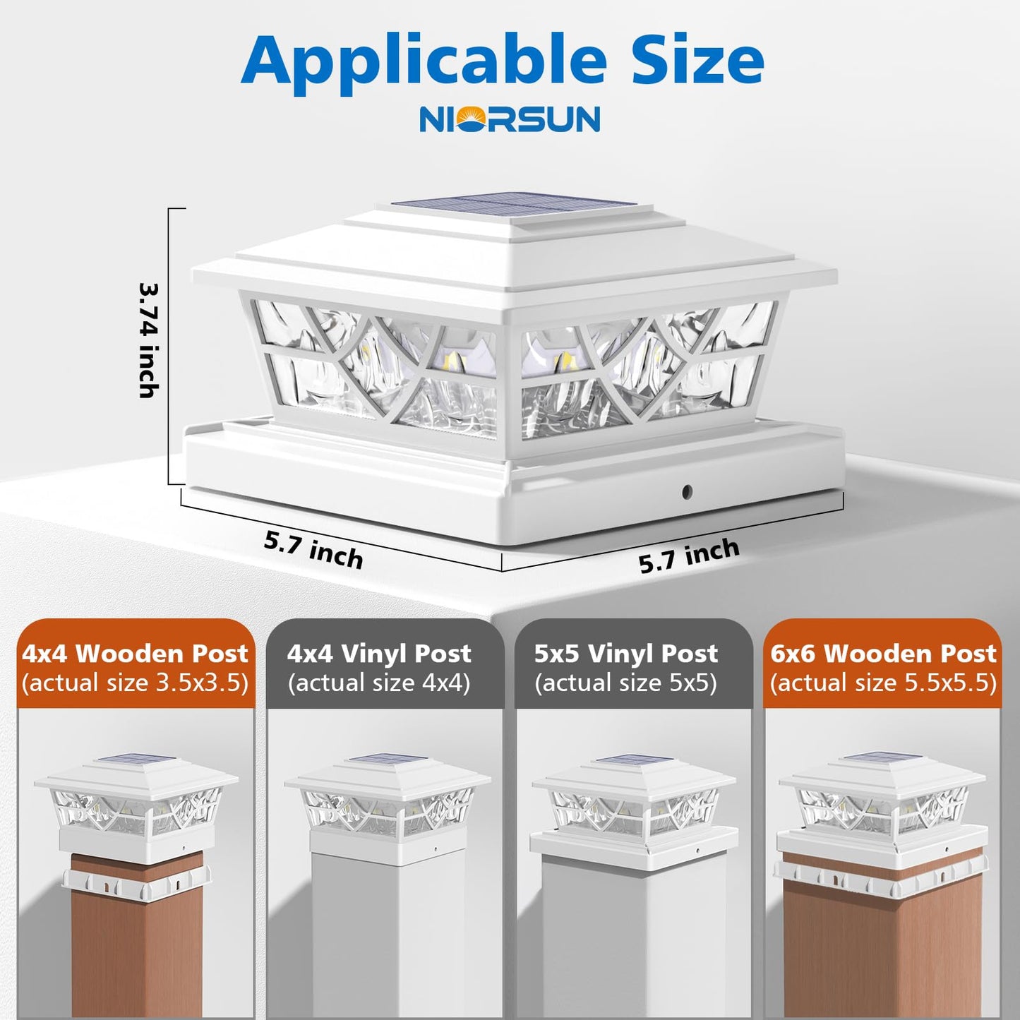 NIORSUN Solar Post Lights Outdoor 6 Pack, 2 Modes LED, Deck Fence Post Solar Lights for 3.5x3.5 4x4 5x5 5.5x5.5 Caps Patio Garden Decoration, White