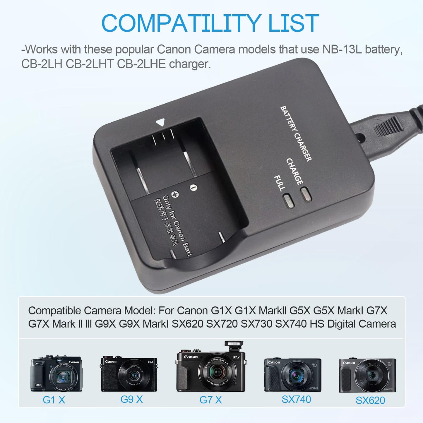 NB-13L CB-2LH Battery Charger Compatible with Canon G7X G7X Mark II III SX620 SX740 SX720 SX730 G9X G9X Mark II G1X G1 X Mark III G5X G5X Mark II