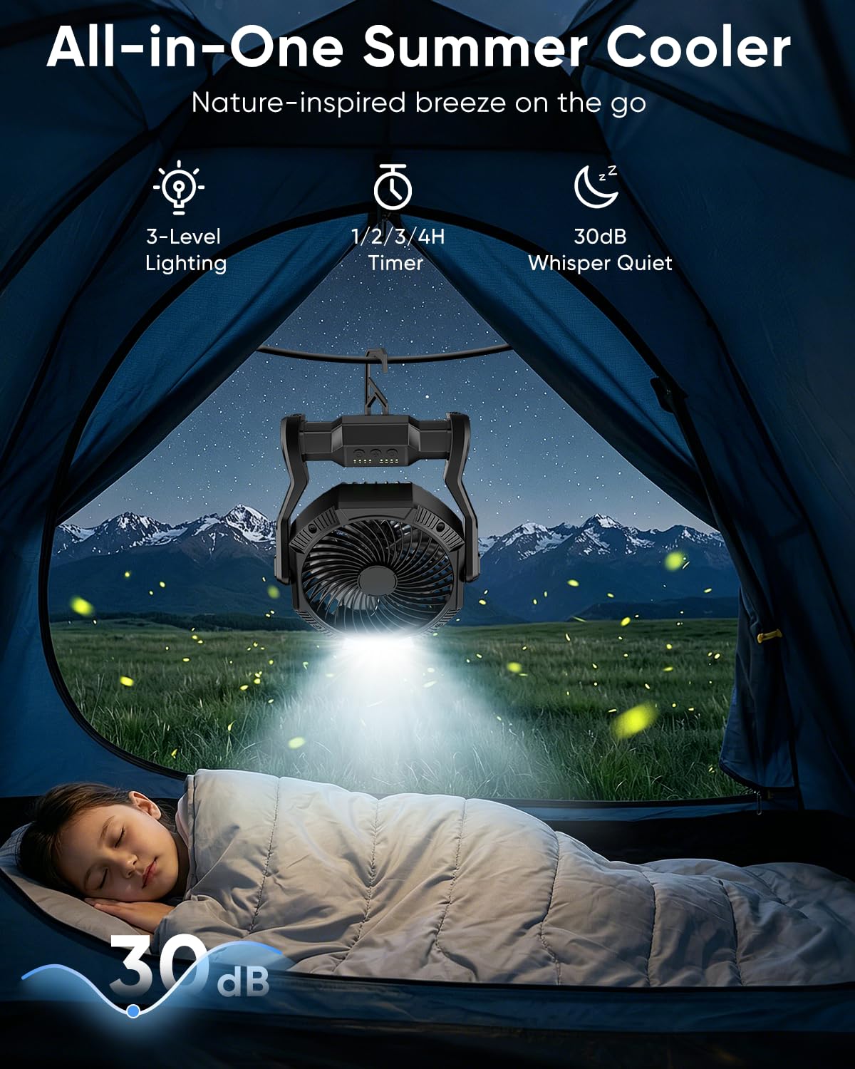 Aynvixt Portable Rechargeable Fan, 20000mAh Battery Powered Camping Fan with LED Light & Hook, 270° Adjustable, 4-Speed, 4H Timer Camping Essentials