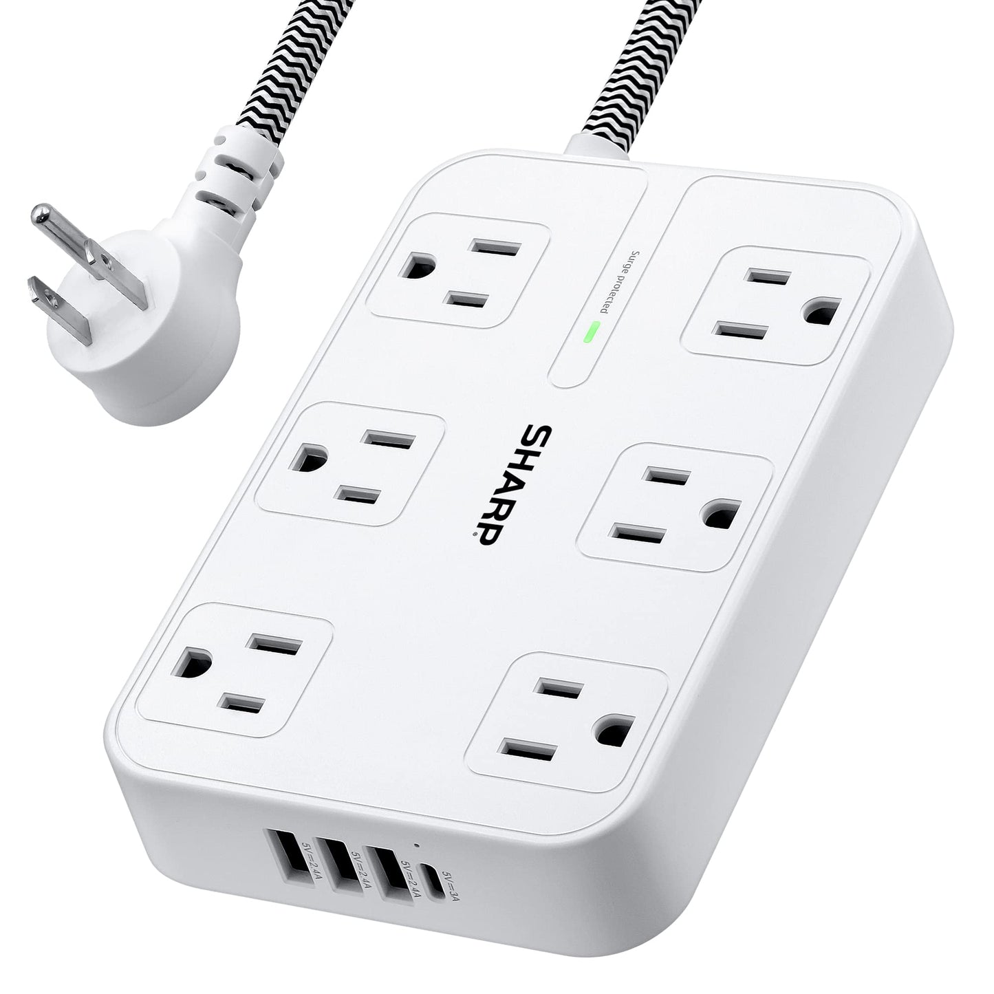 SHARP Surge Protector Power Strip - 6 Widely Spaced Outlets with 4 USB Fast Charge USB Charging Ports (3 USB-A and 1 USB Type-C), Flat Wall-Hugger