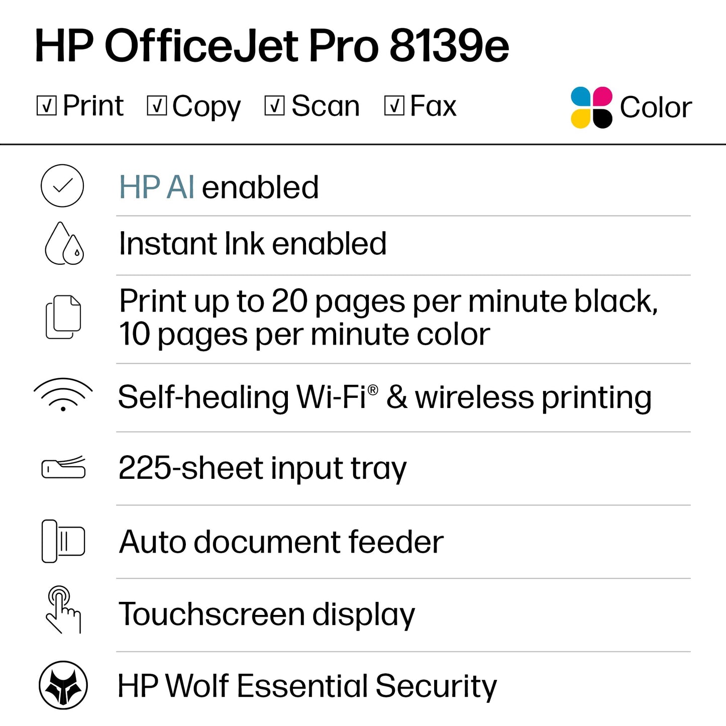 HP OfficeJet Pro 8139e Wireless All-in-One Color Inkjet Printer, Print, scan, Copy, fax, ADF, Duplex Printing Best-for-Home Office, 1 Year Instant Ink