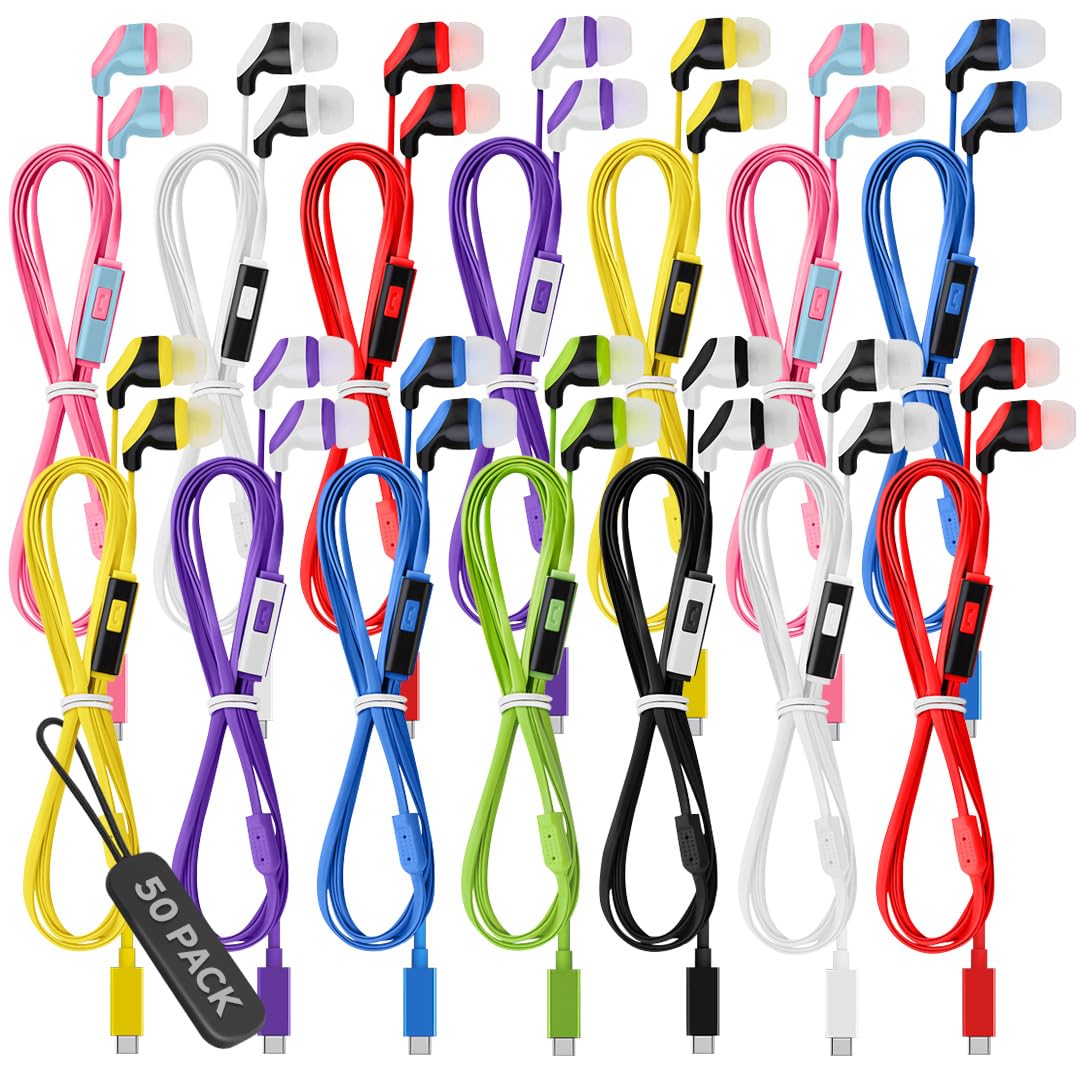 50 Pack Bulk USB C Headphones with Mic, Type C Wired Earbuds Noise Cancelling Earphones Compatible with iPhone 16/15 Pro Max Plus, iPad Pro, Galaxy…