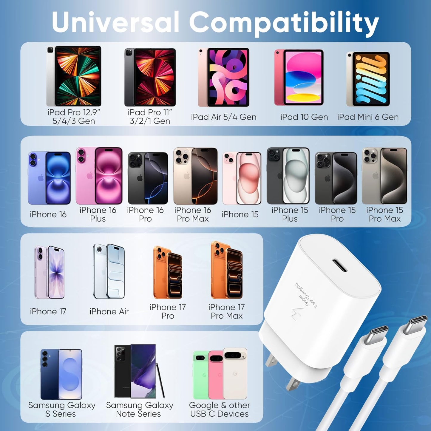 iPhone 17 16 15 Charger Fast Charging 10FT Cable, 30W USB C Charger Block for i Phone 15 16 16e 17 Air Plus Pro Max/iPad Pro/AirPods, PD USBC Power
