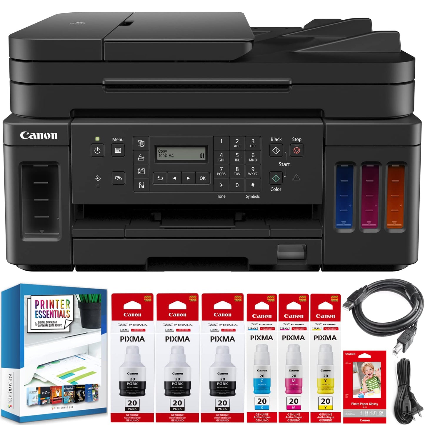 Canon PIXMA G7020 MegaTank All-in-One Wireless Printer w/Copy, Scan, Fax, Mobile, Photo Print 3114C002 + Refillable Ink Bottles + 2 Extra Black Ink