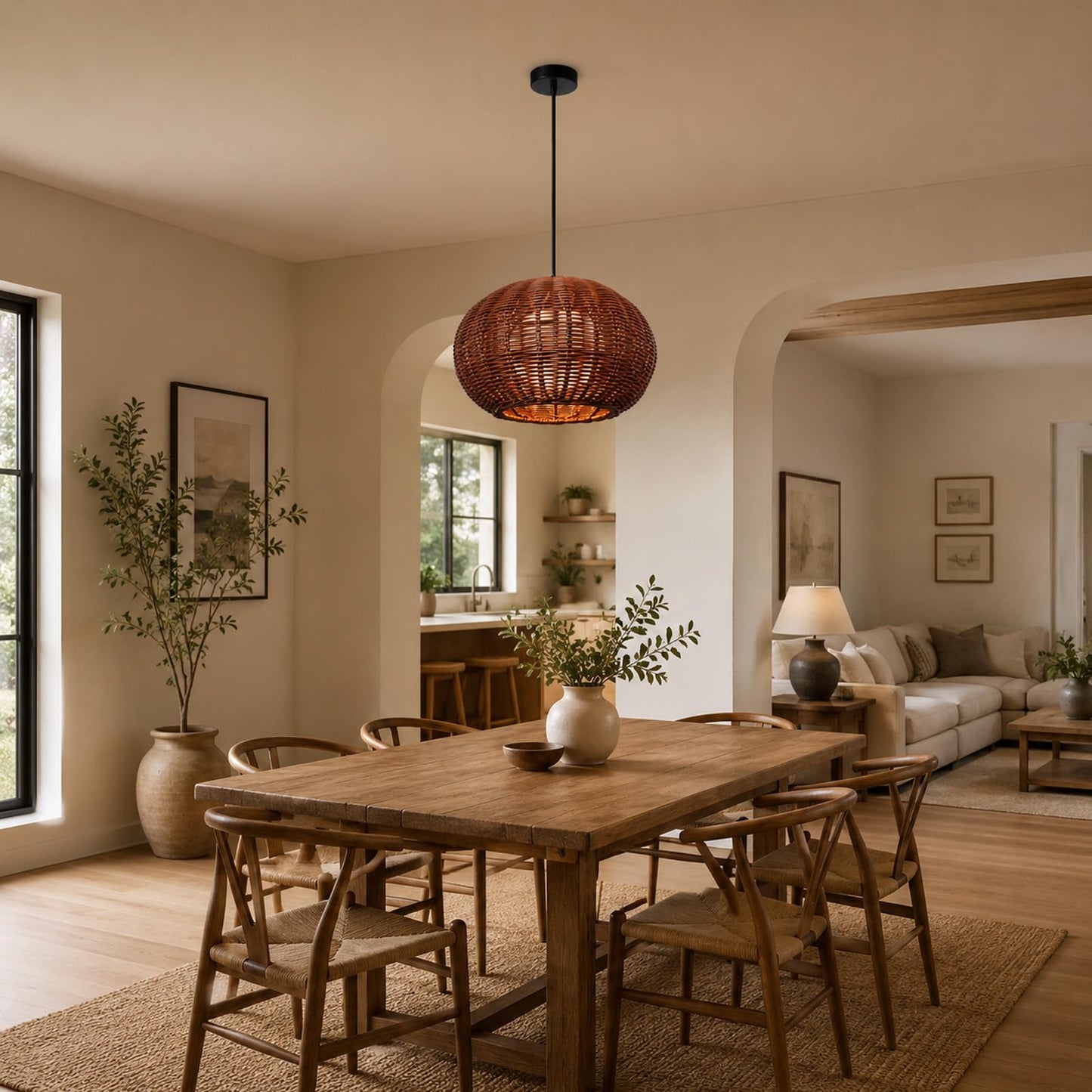 MIXL- Hand-Woven Rattan Pendant Light,Waterproof Outdoor Lighting Fixture,Adjustable Pendant Hanging Lamp,Vintage Style Hanging Light for Garden Patio