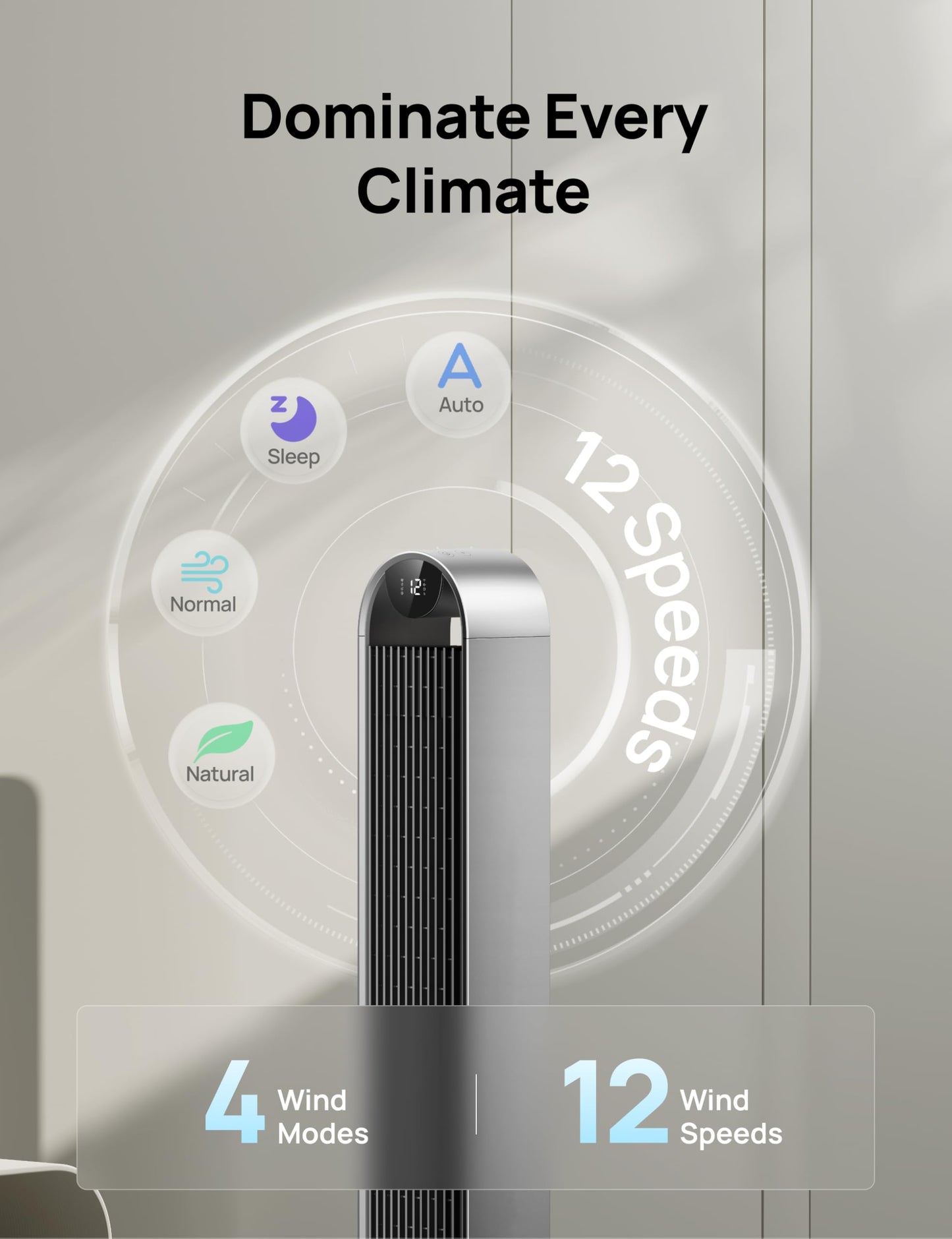 DREO Smart Tower Fan for Bedroom, 120° Oscillating Fan, 12 Speeds