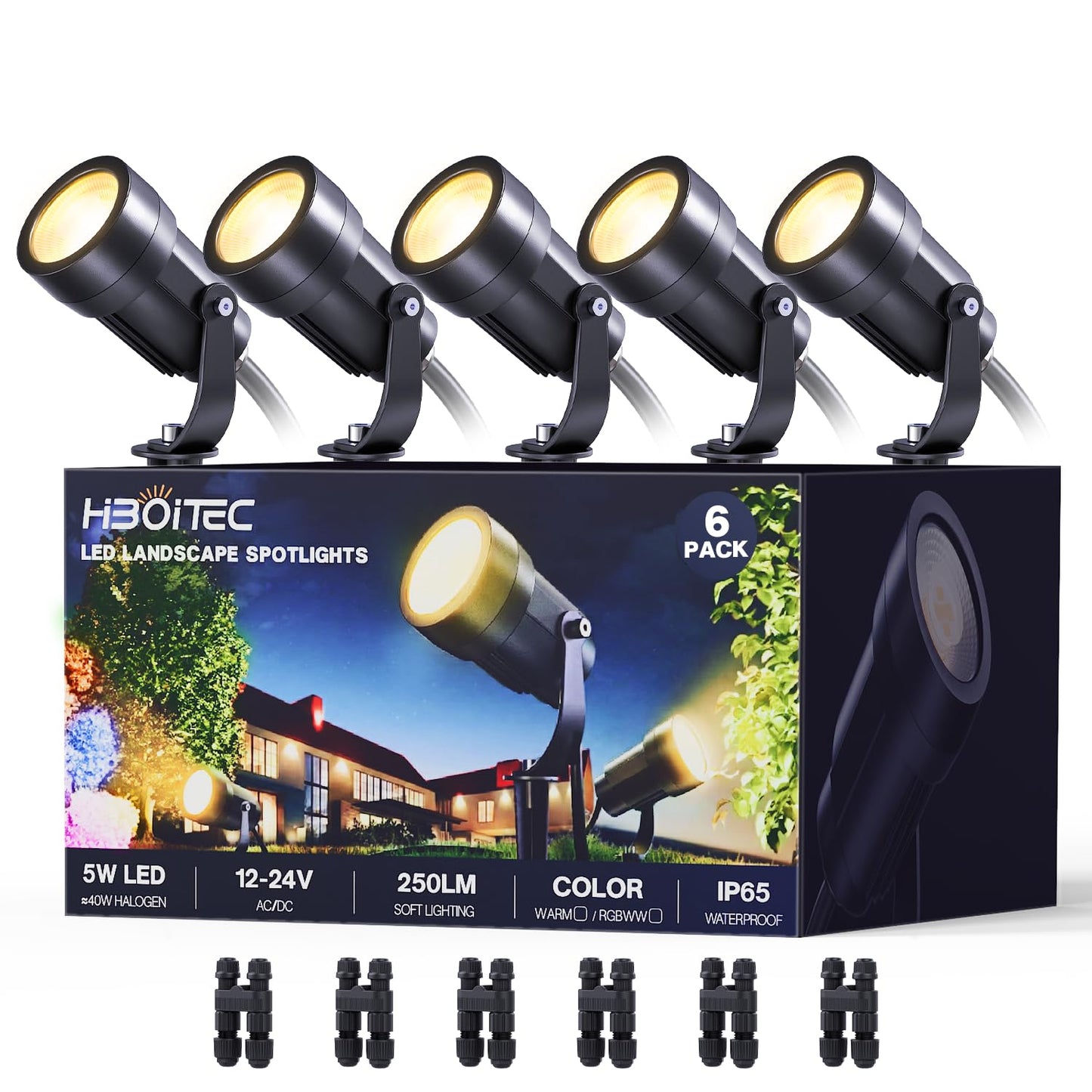 HIBOITEC 5W Low Voltage Landscape Lights, 2900K Warm White Landscape Lighting with Connectors,12-24V AC/DC, Waterproof Landscape Spotlights for Garden