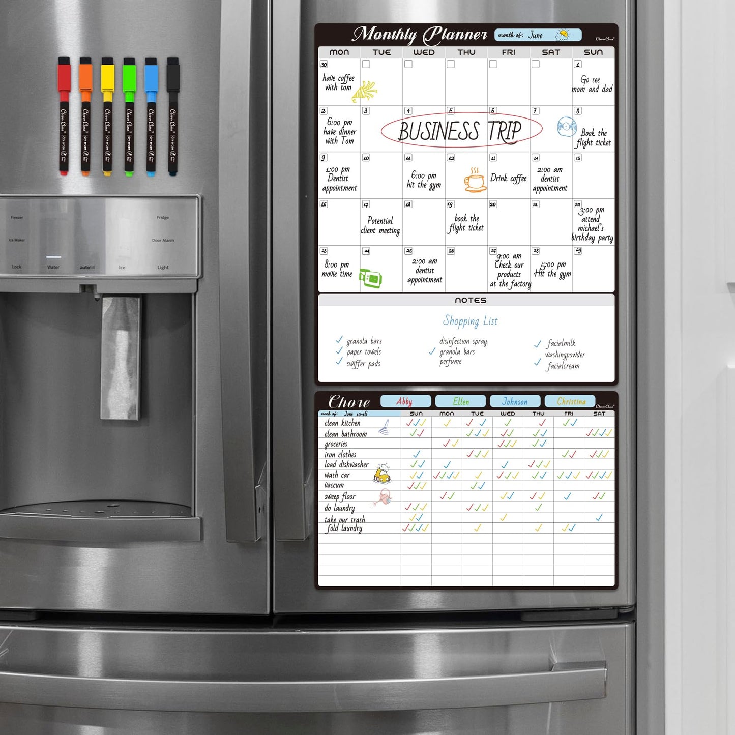 Magnetic Dry Erase Monthly Calendar Set - 15.5"x13" Monthly Calendar and 8.5"x13" Chore Board for Fridge - 6 Extra Fine Point Markers Included