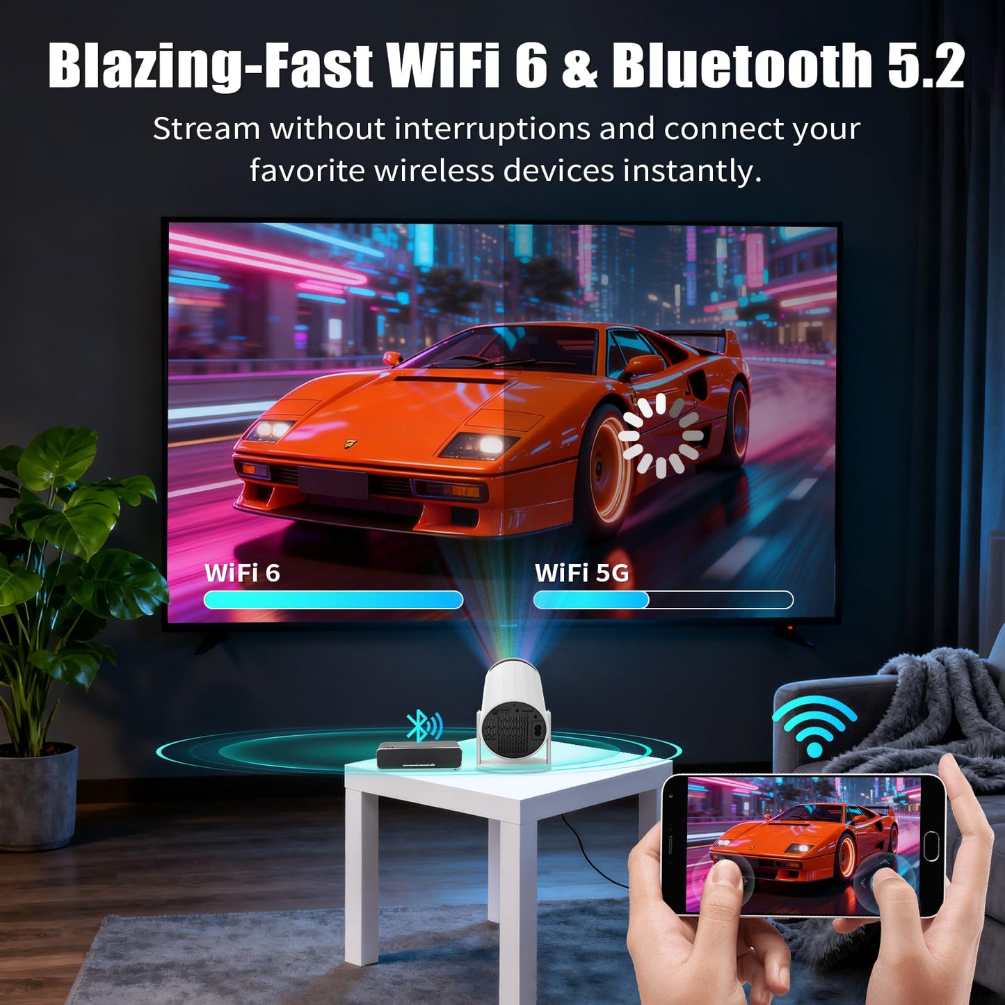 LJYT mini projector, 1080P Portable Projector, Support 4K?WiFi 6, Android 11 ,200 ANSI Lumens, Auto Keystone, Bluetooth 5.4, 210° Rotation, Compatible