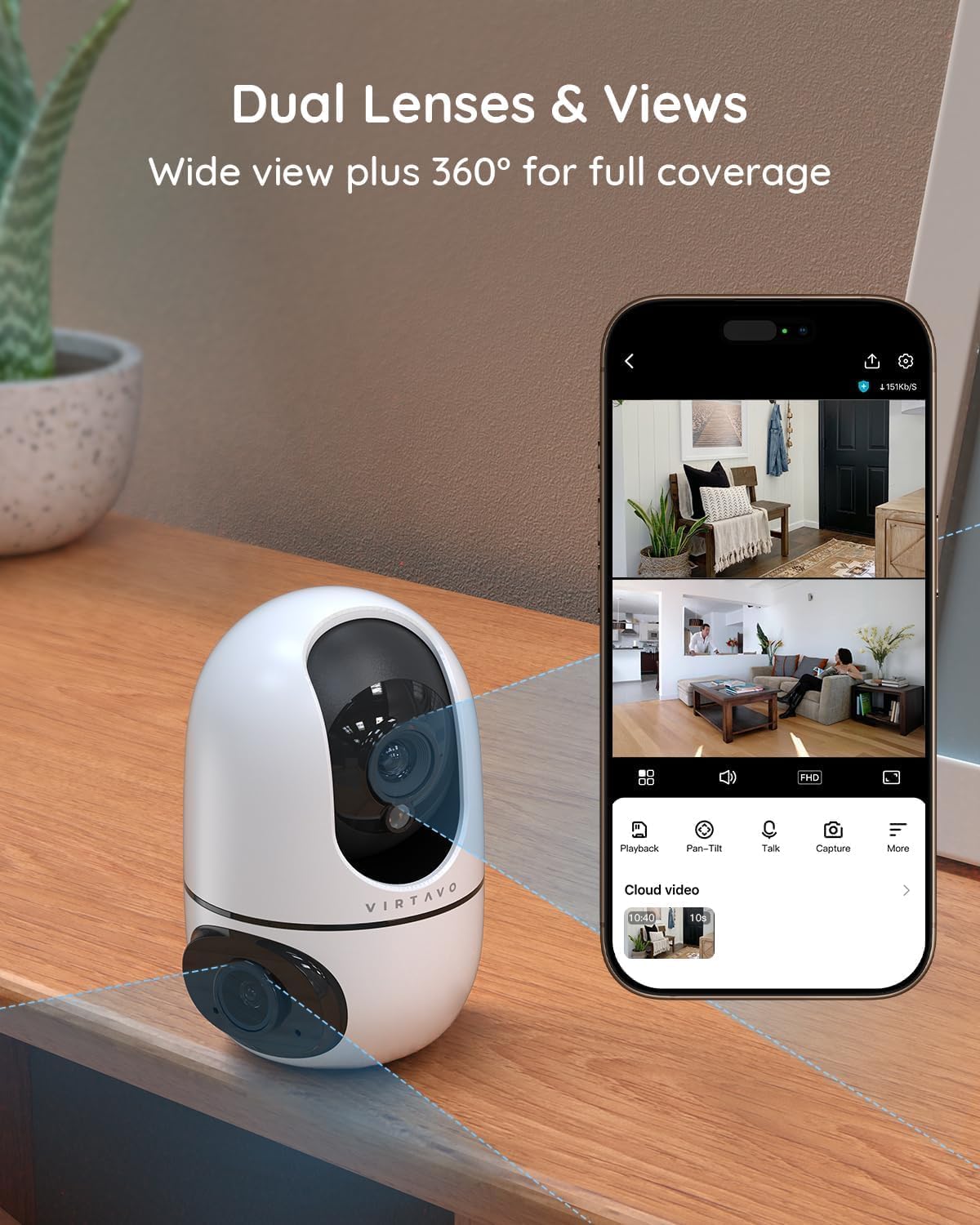 VIRTAVO XD1 Indoor Security WiFi Camera, No Subscription Required, Dual-Lens 360° PTZ Baby Monitor & Pet Cam, Motion Tracking, 2-Way Audio, Night