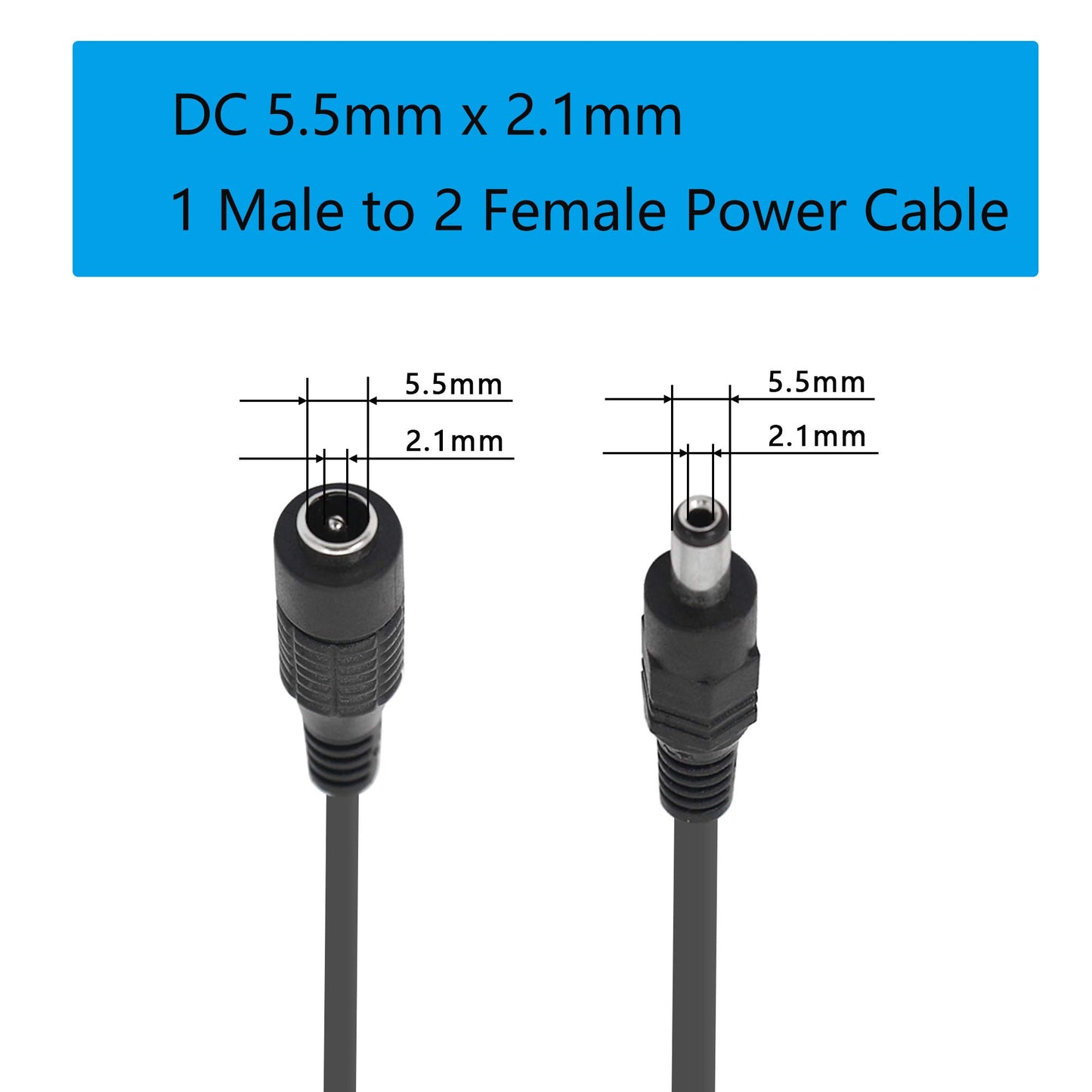 GINTOOYUN DC Y Splitter Cable 1 Male to 2 Female,5.5mm x 2.1mm DC Power Extension Adapter Cable,for CCTV Surveillance Cameras,Surveillance