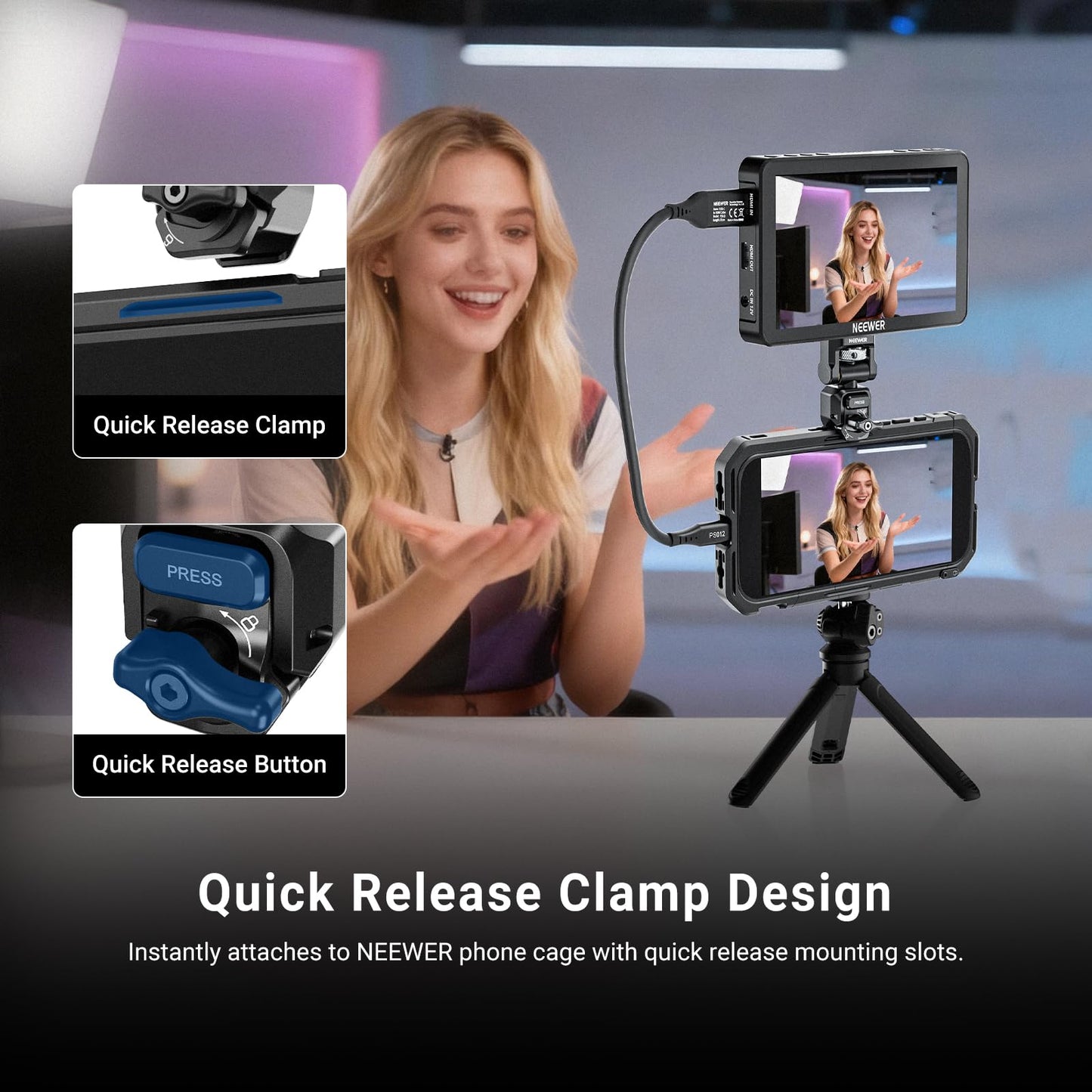NEEWER Quick Release Monitor Mount for Phone Cage, Video Rig Stabilizer Mobile Photography Accessories Holder Compatible with iPhone Samsung Android