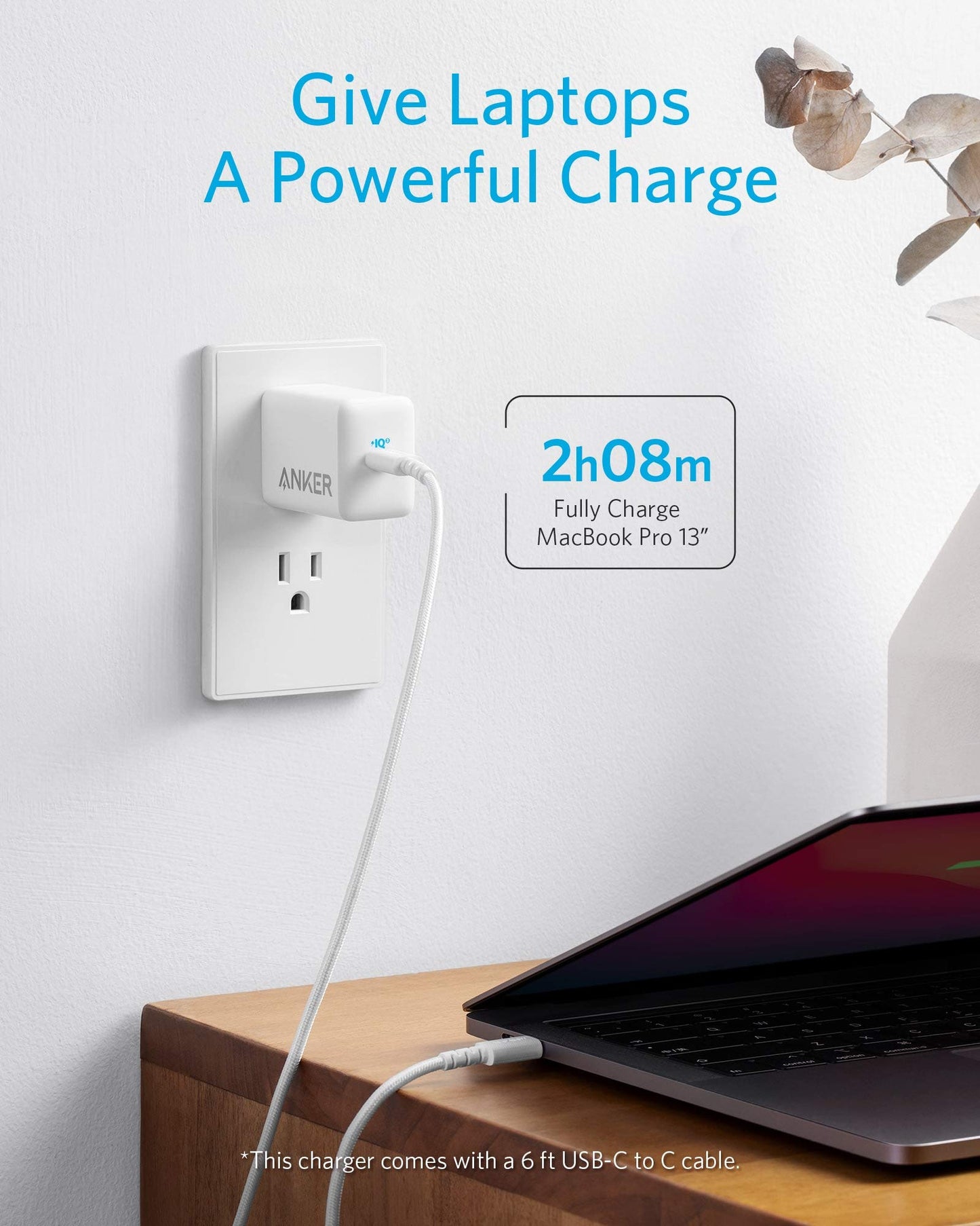 Anker 65W PIQ 3.0 PPS Compact Fast Charger Adapter with 6 ft USB-C to USB-C Cable, PowerPort III Pod Lite, for MacBook Pro/Air, Galaxy S21/S10, Dell