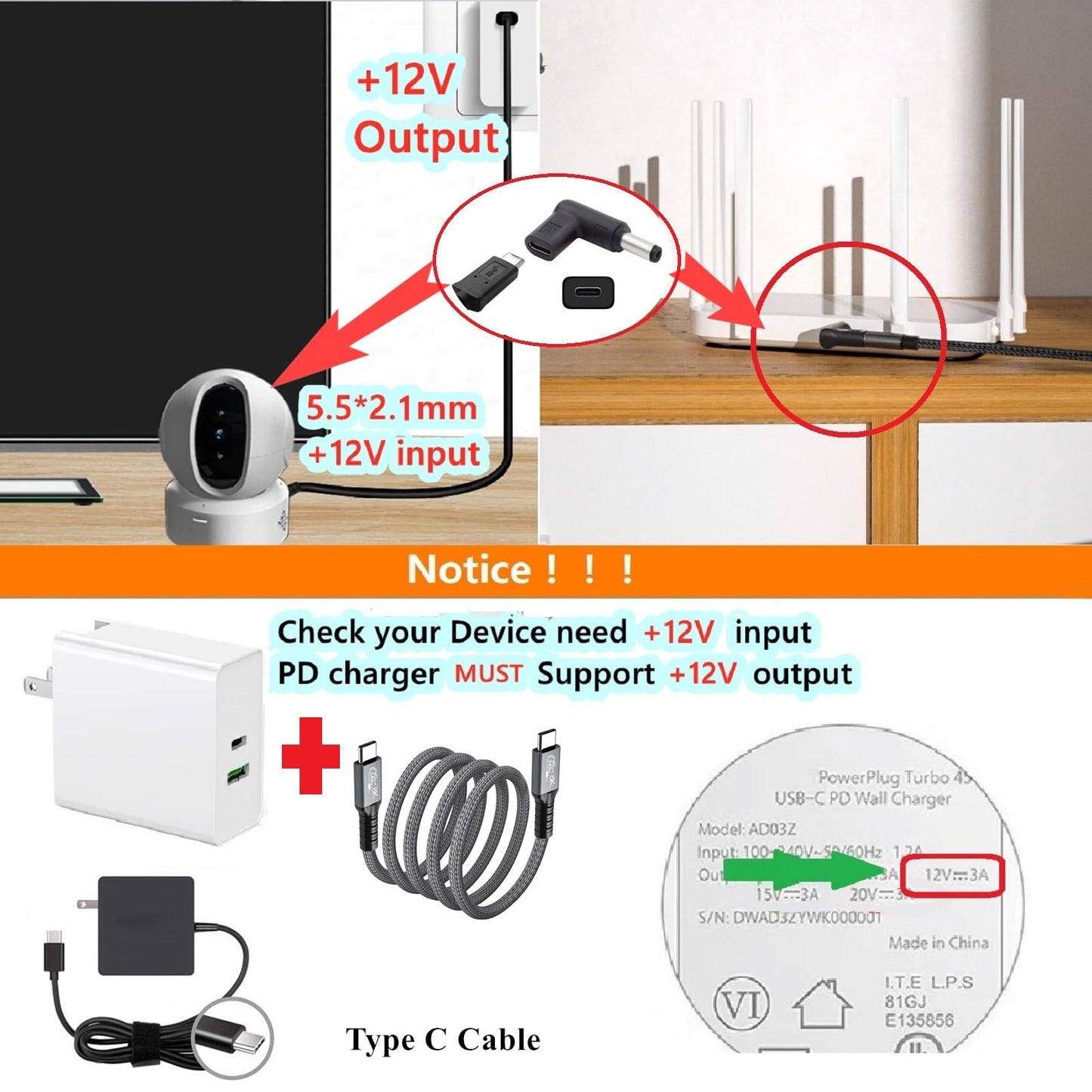 Female USB C to Male DC 5.5mm x 2.1mm Converter, 12V 3A USB Type C Input to DC5521 Output Adapter, work with PD Charger/Power bank and C to C Cable.