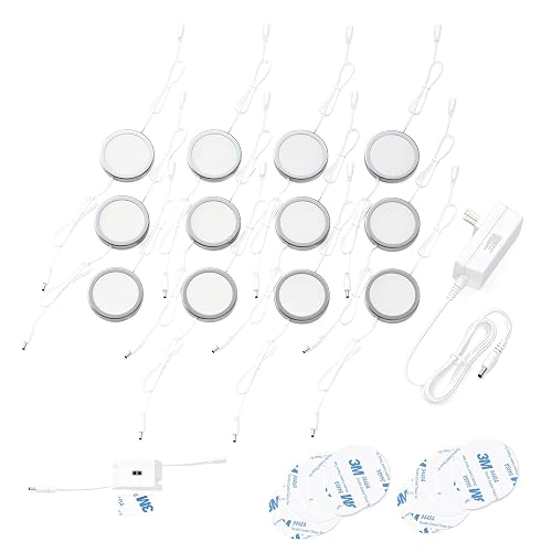 EShine Under Cabinet Puck Lights with Hand Wave Sensor - Circular LED Cabinet Lights - Dimmable - Pack of 12, Cool White (6000K)