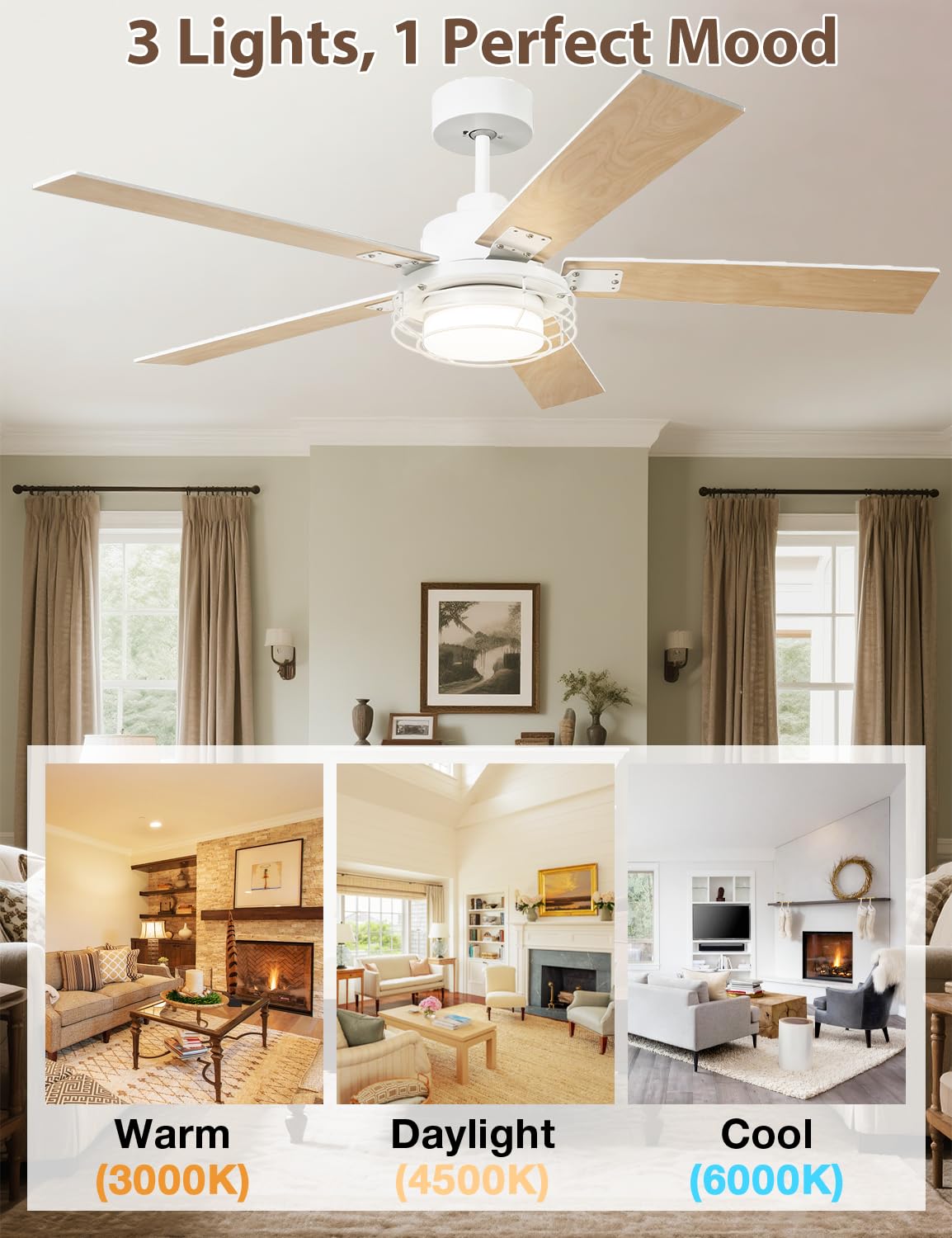 Vaczon 52" White Ceiling Fan with Lights & Remote -Farmhouse Ceiling Fan for Bedroom with High Airflow,Quiet DC Motor 6-Speed Indoor/Outdoor