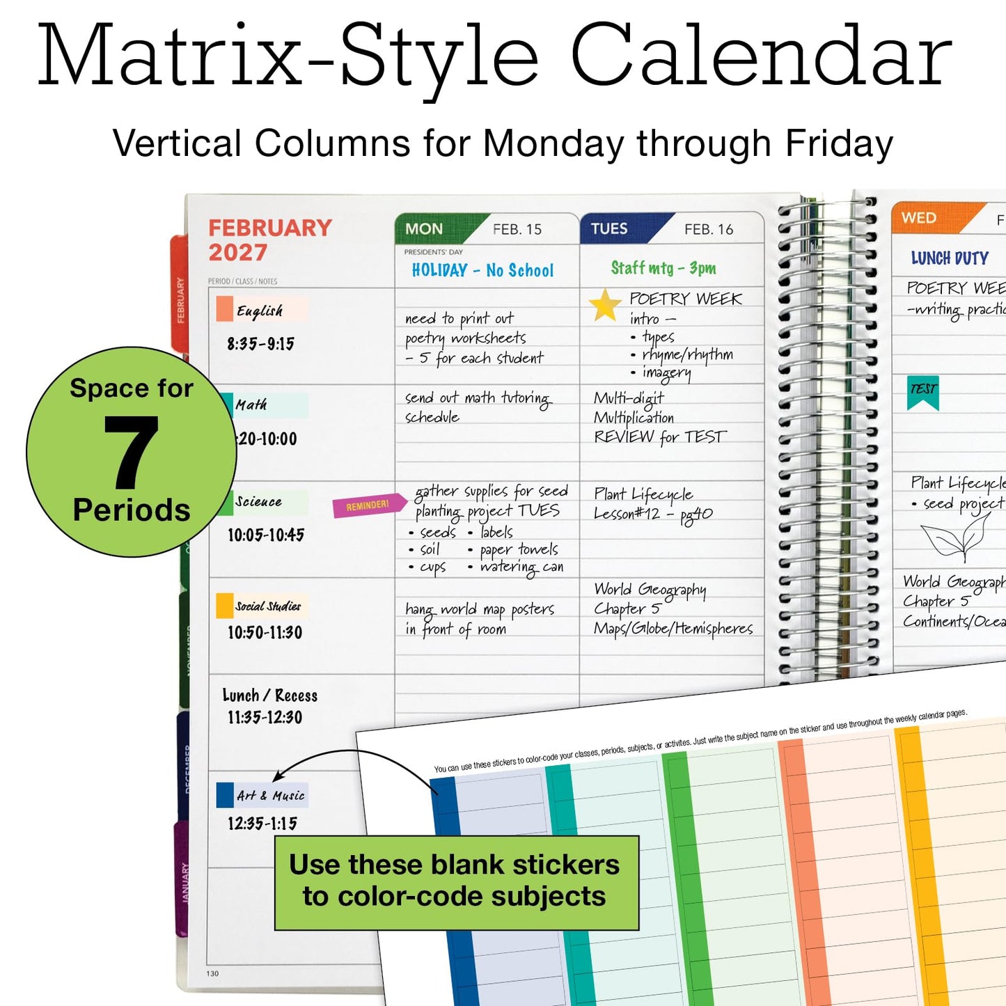 DELUXE TEACHER PLANNER Aug 2026-Jul 2027 8.5x11 Daily Weekly Monthly Organizers with 7 Periods, Pocket Folder, Dated Calendar, Page Tabs, Bookmark