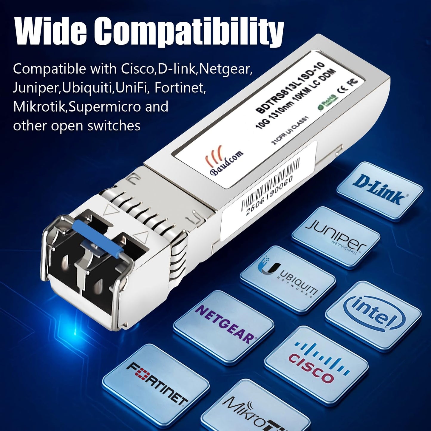 Baudcom 10GBASE-LR SFP+ transceiver 10KM, 10G SFP LR singlemode Module Compatible with Cisco SFP-10G-LR, MA-SFP-10GB-LR, Ubiquiti UniFi UF-SM-10G