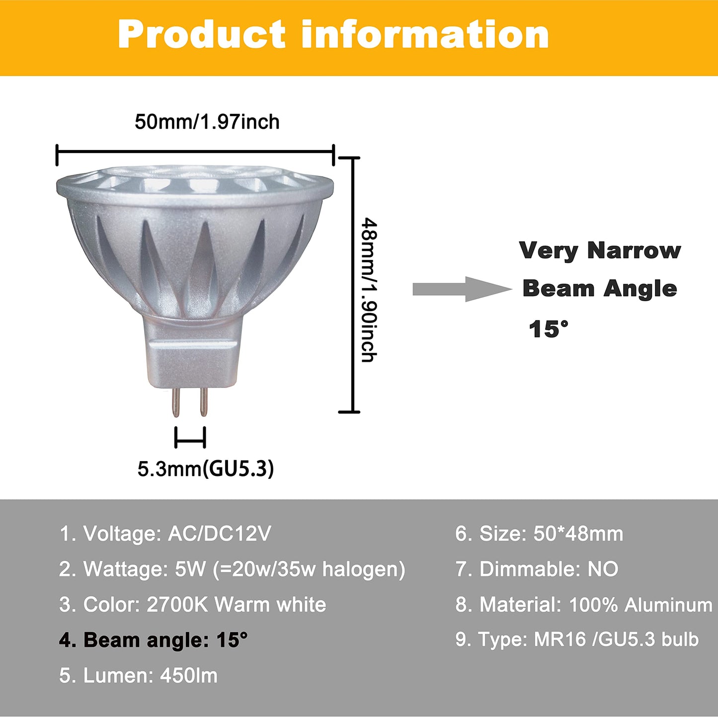 ALIDE MR16 Led Bulbs 15 Degree 15° Narrow Beam Angle 12V Low Voltage