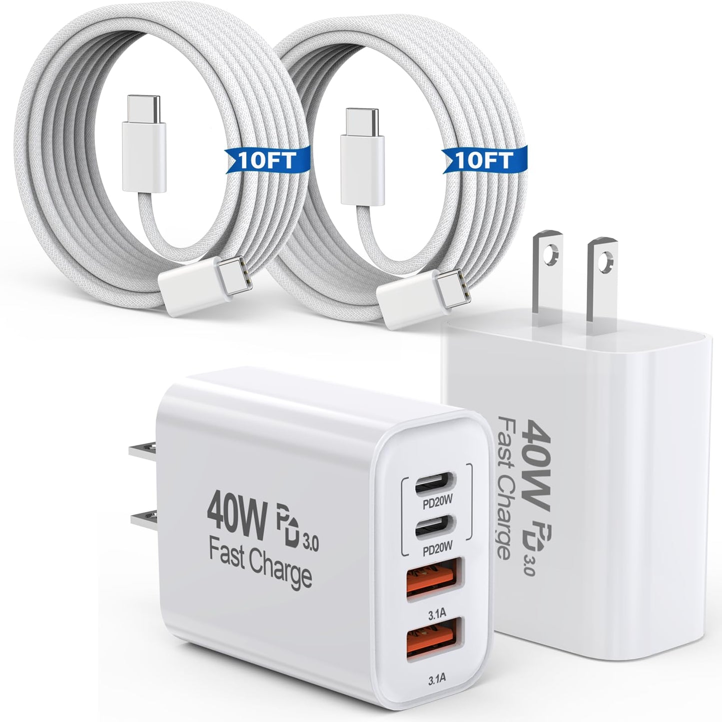 10FT iPhone 17 16 15 Pro Charger,2Pack 10Foot USB C to C Woven Cable Cord 40W USB C Apple Charger 4 Port PD&AC Charge Block Fast Charging for iPhone