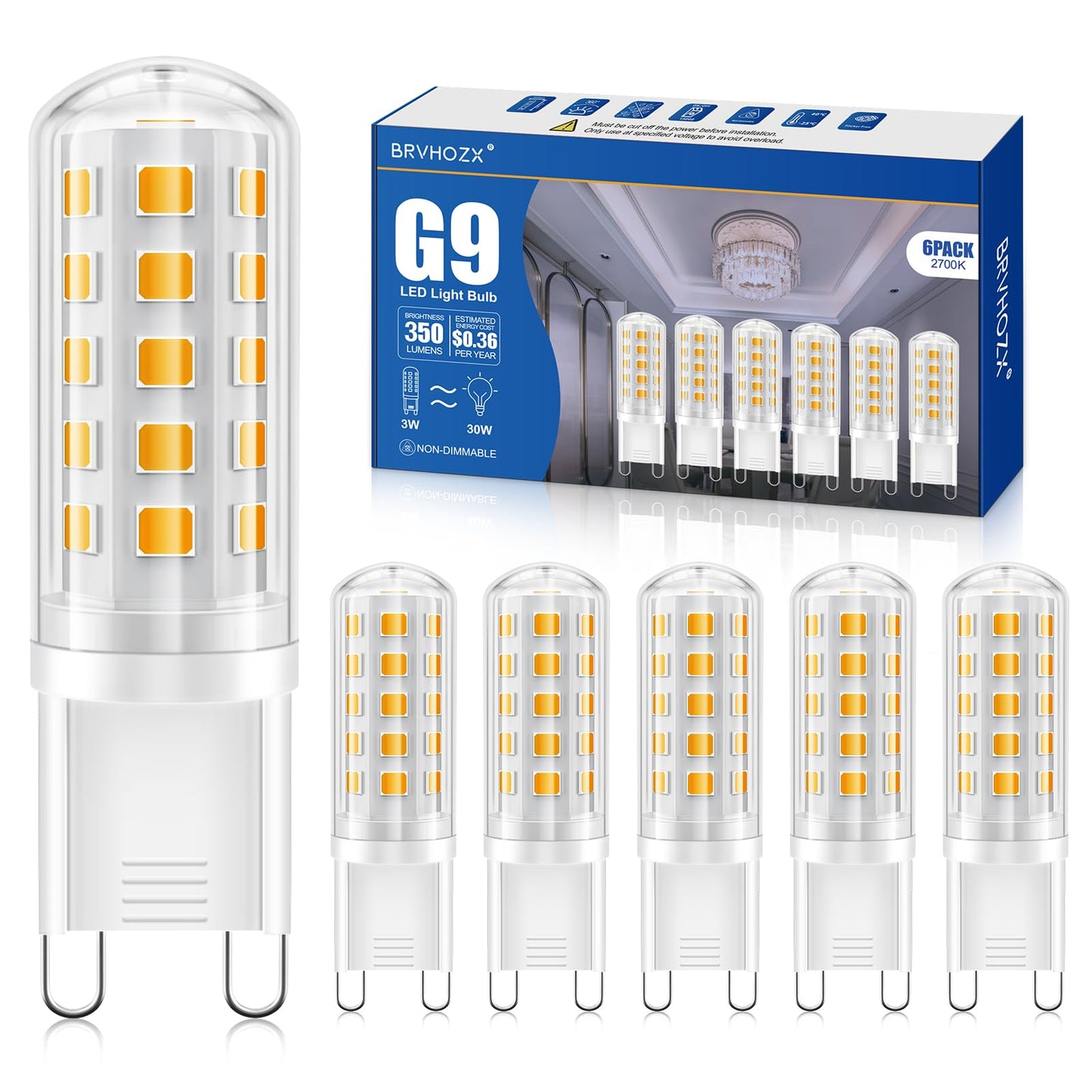 BRVHOZX G9 Led Bulb Warm White, 3W, 350LM, 2700K, Equivalent to 30-40W Halogen, No Flicker, Non-Dimmable, 360°Beam Angle, AC 100-120V, Bi-pin Ceramic
