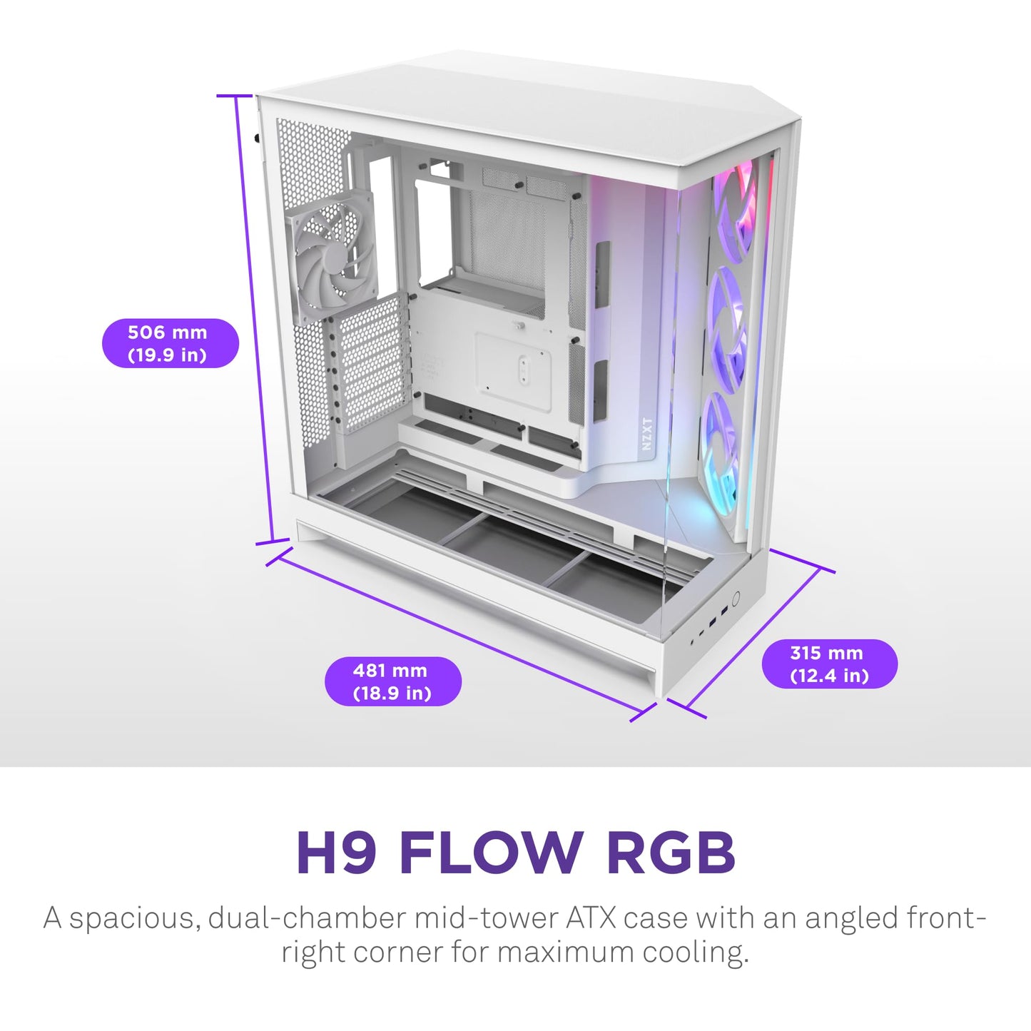 NZXT H9 Flow RGB (2025) - Large Dual-Chamber ATX Mid-Tower Airflow PC Case - Includes 1 x 420mm RGB Fan Unit & 1 x 120mm Fan - 420mm Radiator Support