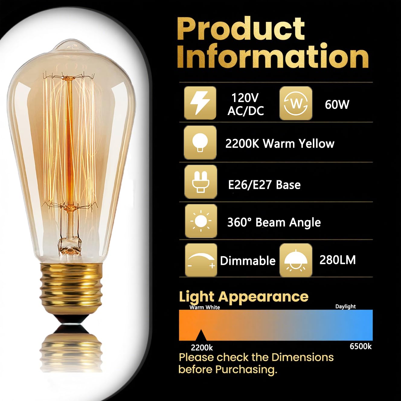 ST64 Incandescent Edison Bulb 60W E26 2200K Dimmable Amber Glass 6-Pack